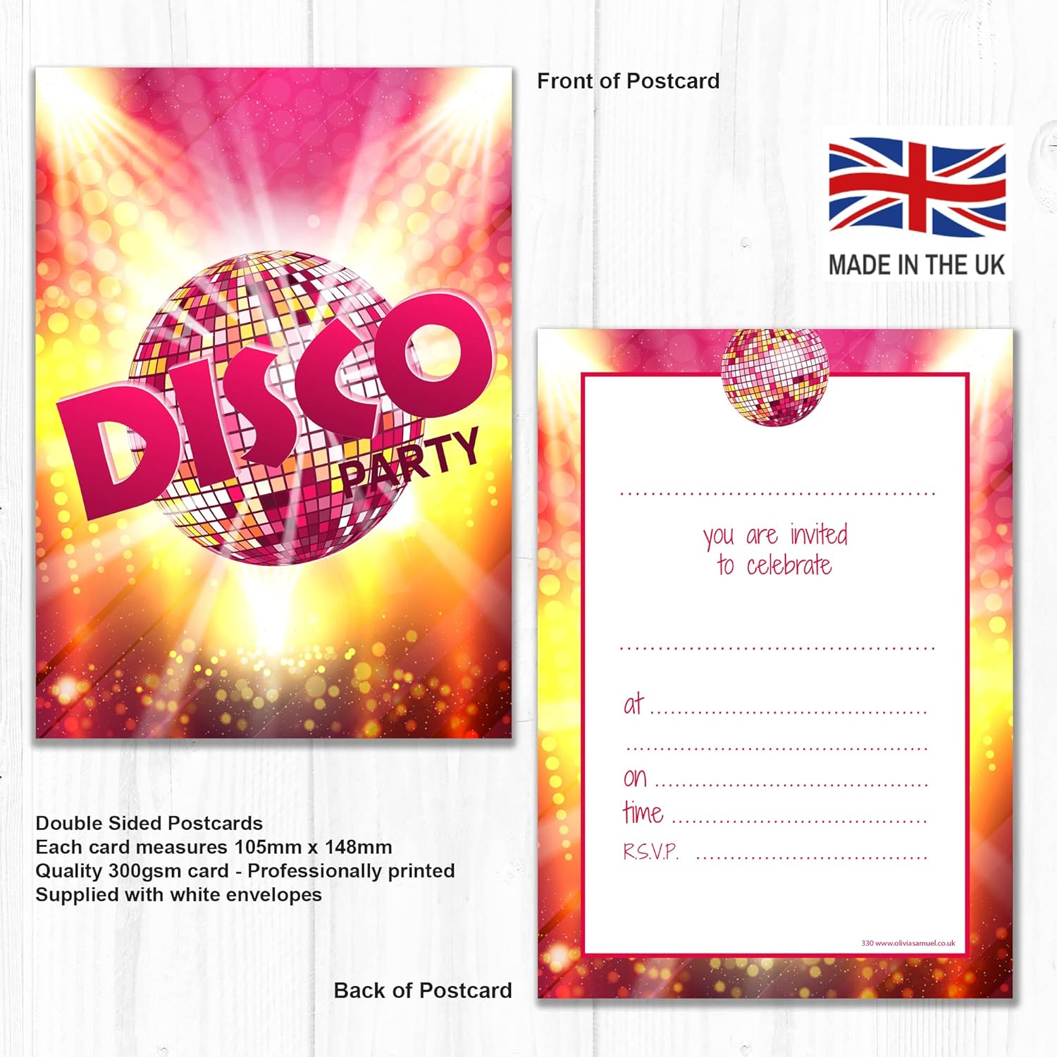 Olivia Samuel 20 X Disco Party Invites from A6 Double Sided Cards with Envelopes image number 3