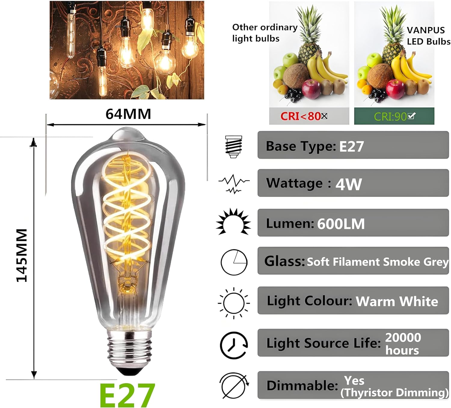 Vanpus 4 W LED Edison Bulb, Dimmable 2700 K Warm White, E27 Socket, 20,000 Hours Lifespan, 90+ CRI, Smoke Grey Glass Vintage Lamp - Pack of 3 image number 3