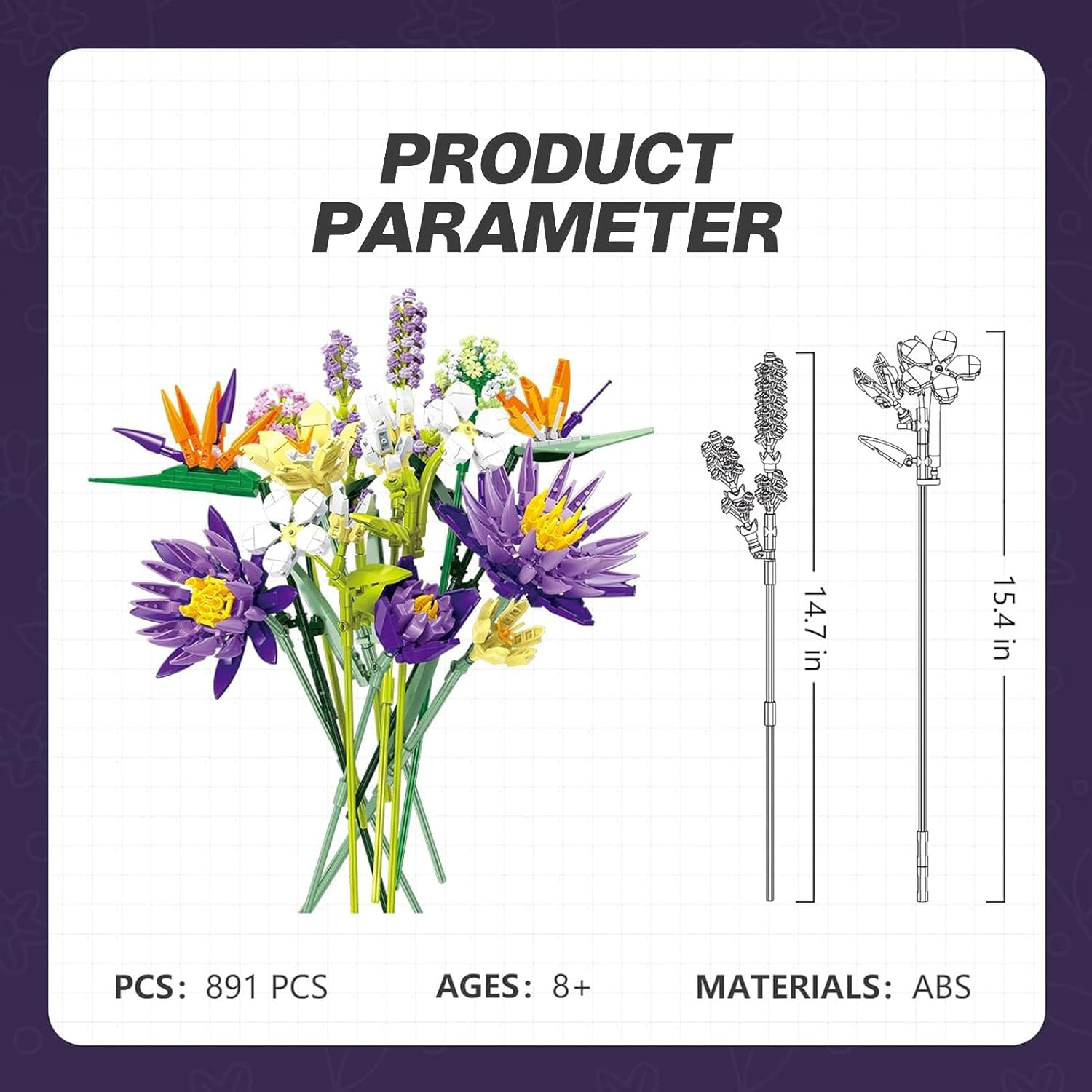 891 Pcs Purple Flower Bouquet Building Sets for Adult,13 Flowers, Unique Home Decor Gifts for Mother&rsquo;S Day, Botanical Collection with Fancy Box, Building Blocks Toy for Girls Ages 8+ image number 1