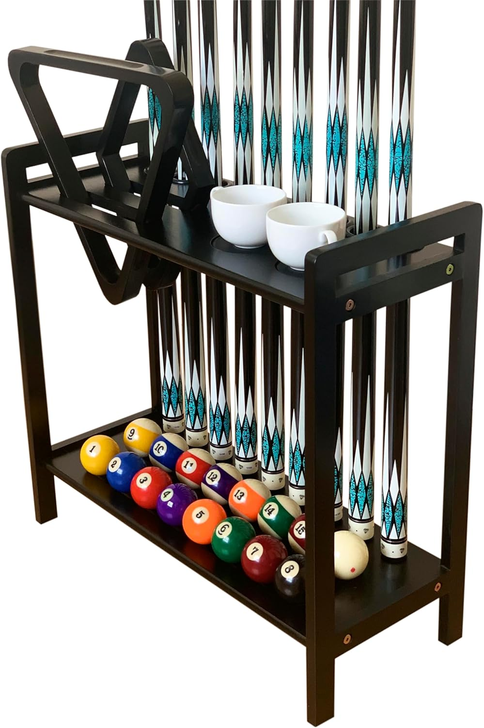 GACCO BILLIARDS Pool Cue Rack Hold up to 8 Sticks & Billiard Accessories. Floor Stand Pool Cue Stick Holder Made of 100% Solid Hardwood.(Traditional Mahogany)