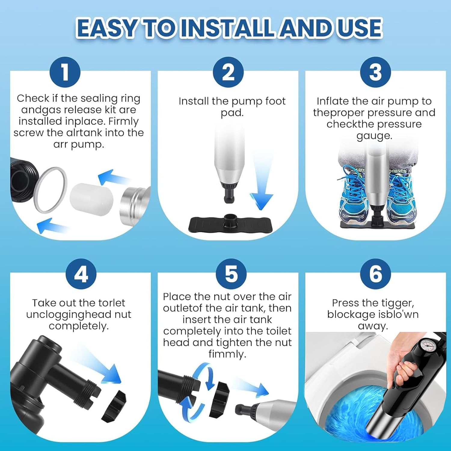 Wenbones Drain Cleaner Pump One Piece Flexible Cap Head Pipe Cleaner Compressed Air Pipe Cleaning Pump High Pressure Stronger Air Pressure for Sinks, Toilets, Bathrooms, Showers, Kitchens image number 6