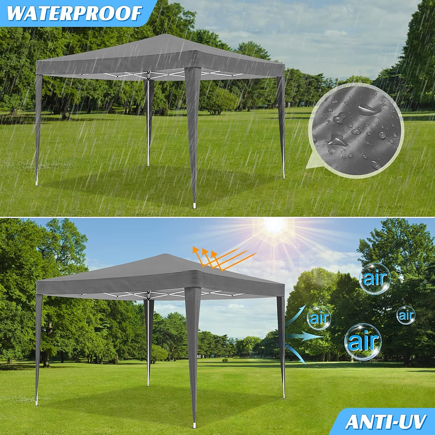 Advwin 2X2 Pop up Canopy, Portable Marquee, Waterproof Commercial Tent, Grey Folding Gazebo for Outdoor Events, Markets, Camping, Beach, Backyard, Festivals - Grey-2X2M image number 4