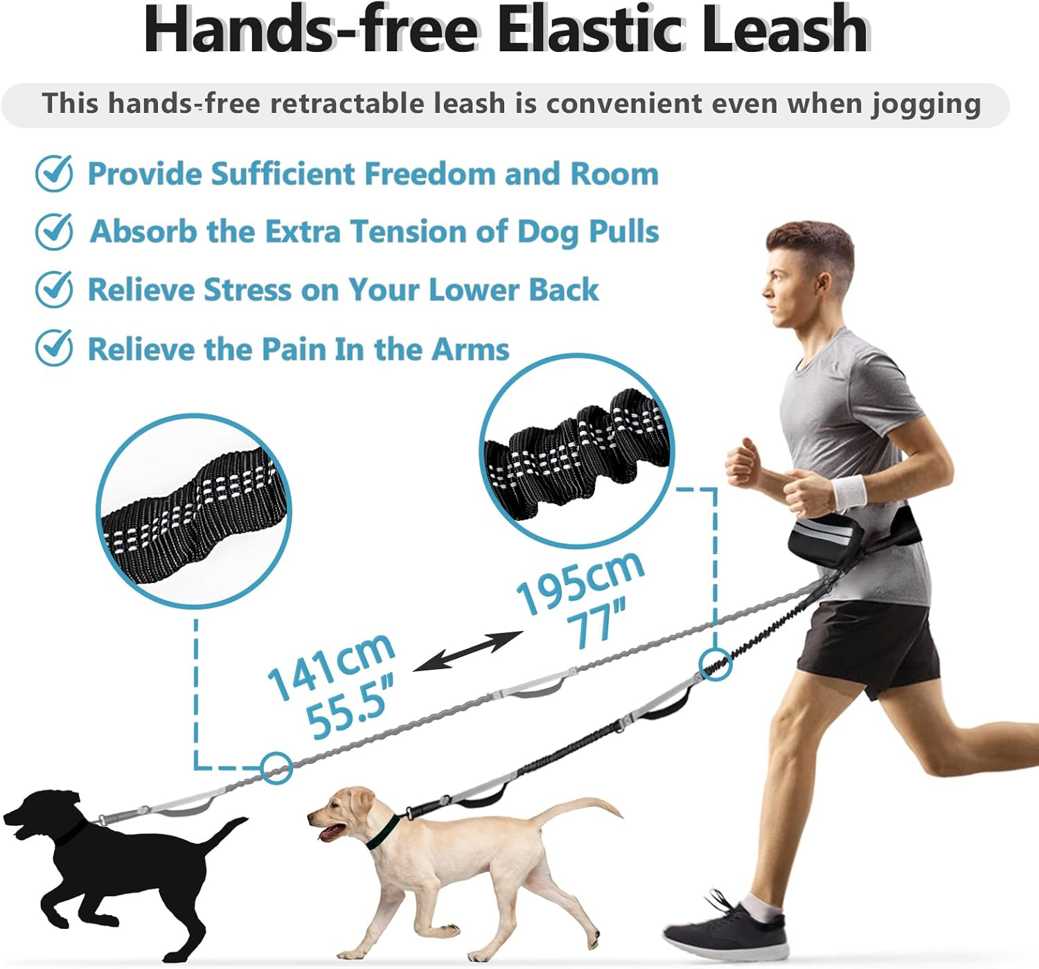 Enbluy Hands Free Dog Leash with Adjustable Waist Belt, Retractable Design, Reflective Stitching, Bungee Cord, Dual Handles, Zipper Pouch, Suitable for Running, Walking, Hiking (Double Dog Leash) image number 3