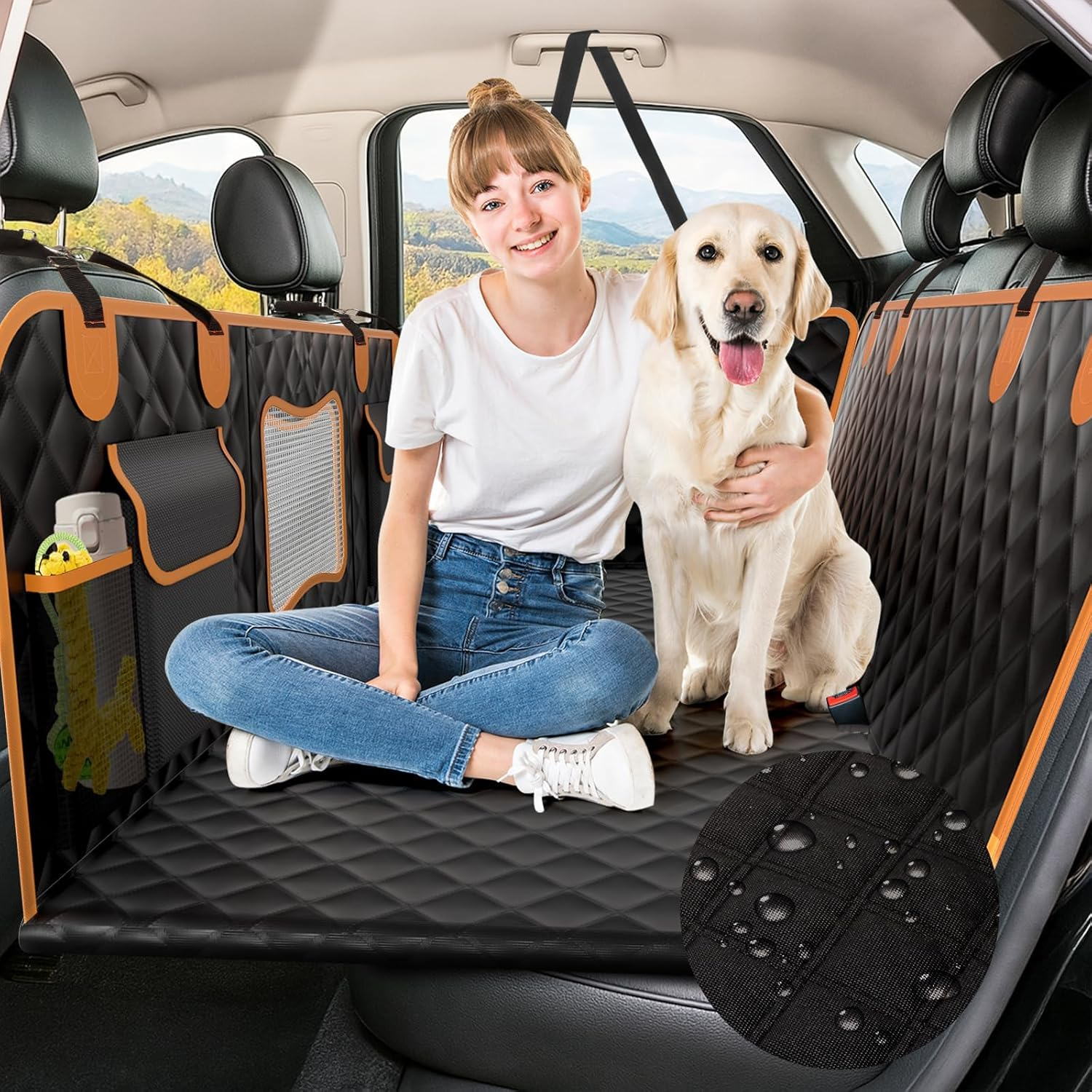Dog Car Seat Cover - Waterproof Nonslip Car Seat Cover for Dogs - Hammock Style Dog Accessories W/Mesh Window, Scratch-Proof Seat Covers for Dogs - Universal Cars Back Seats - Black & Orange image number 4