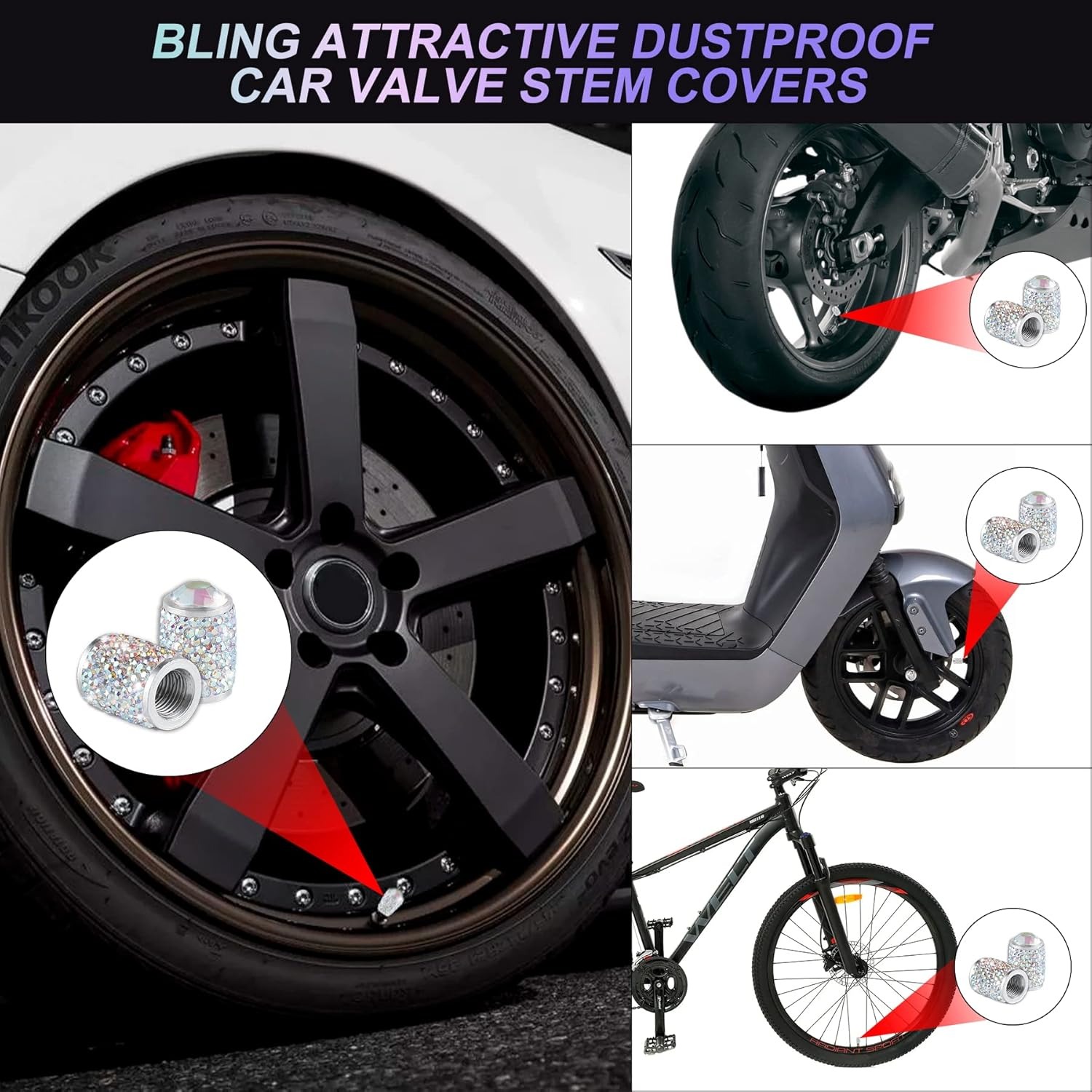 Alpmosn Car Wheel Tire Valve Caps, 4 PCS Bling Tire Valve Caps, Crystal Tire Caps Shinny Rhinestone for Women, Universal Car Dustproof Tire Valve Caps for Cars, Trucks, SUV and Motorcycles (AB) - Ab image number 2