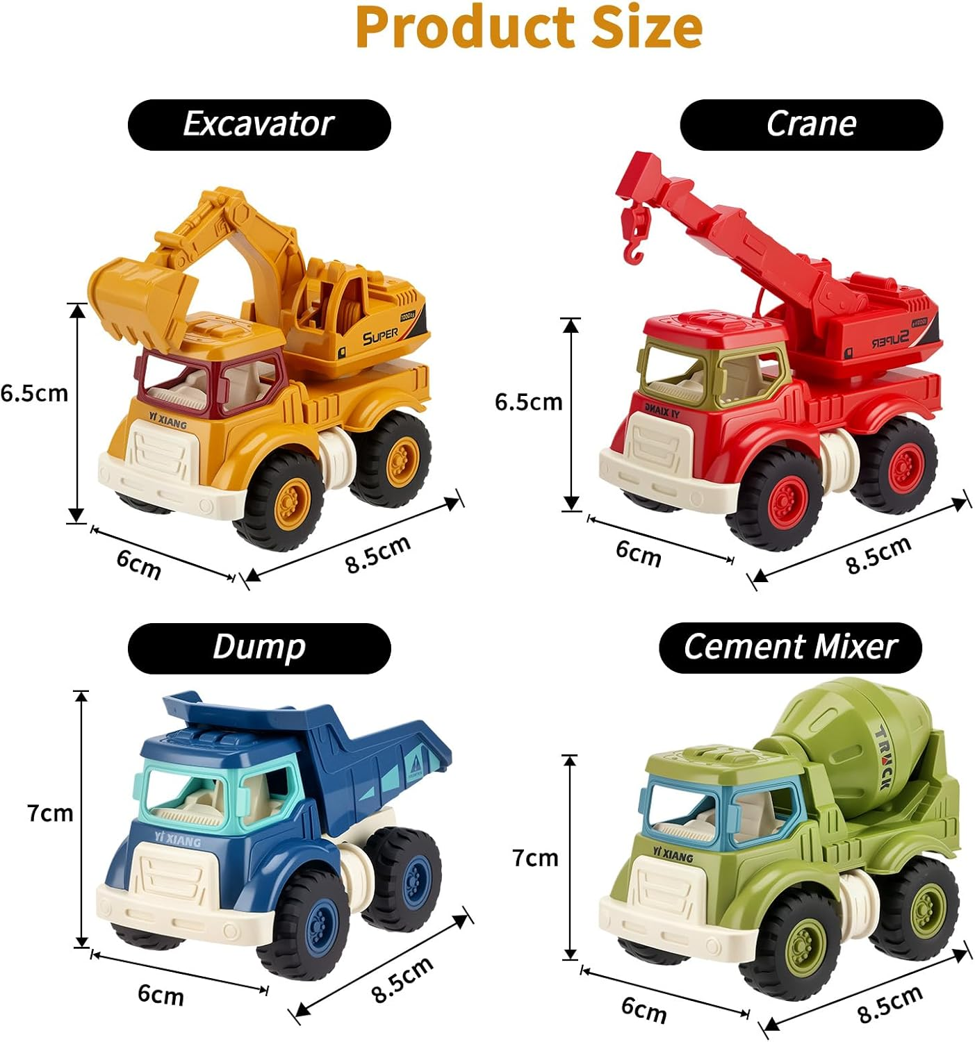 CYZAM Construction Toys for 3 Years Old Boys Girls, 4 PCS Push & Go Construction Truck Toy Vehicle Sandbox Excavator, Dump, Crane, Cement Mixer Truck, Gift Toy for Toddlers Kids 3 4 5 6 7 8 Years Old image number 1