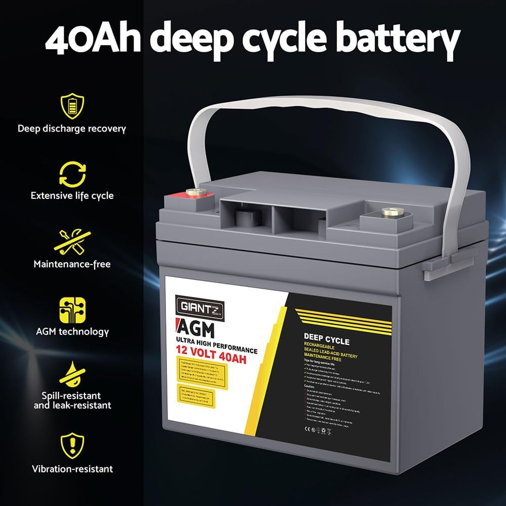 Giantz 40Ah AGM Deep Cycle Battery, Recharge Batterys 4WD Charging Portable with Handle, 1400 Cycles Long Life High Performance for Solar Fridge Camping Car Power Supply image number 2