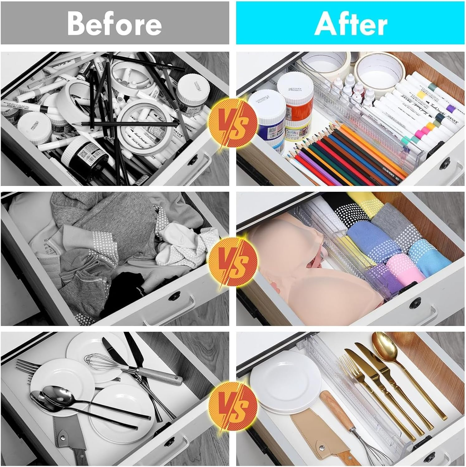 Goyuhome 6 Pack Drawer Dividers, Adjustable 3.2" High Expandable from 11"-20" Clear Plastic Organizers for Clothes, Kitchen Utensils and Office Storage image number 6