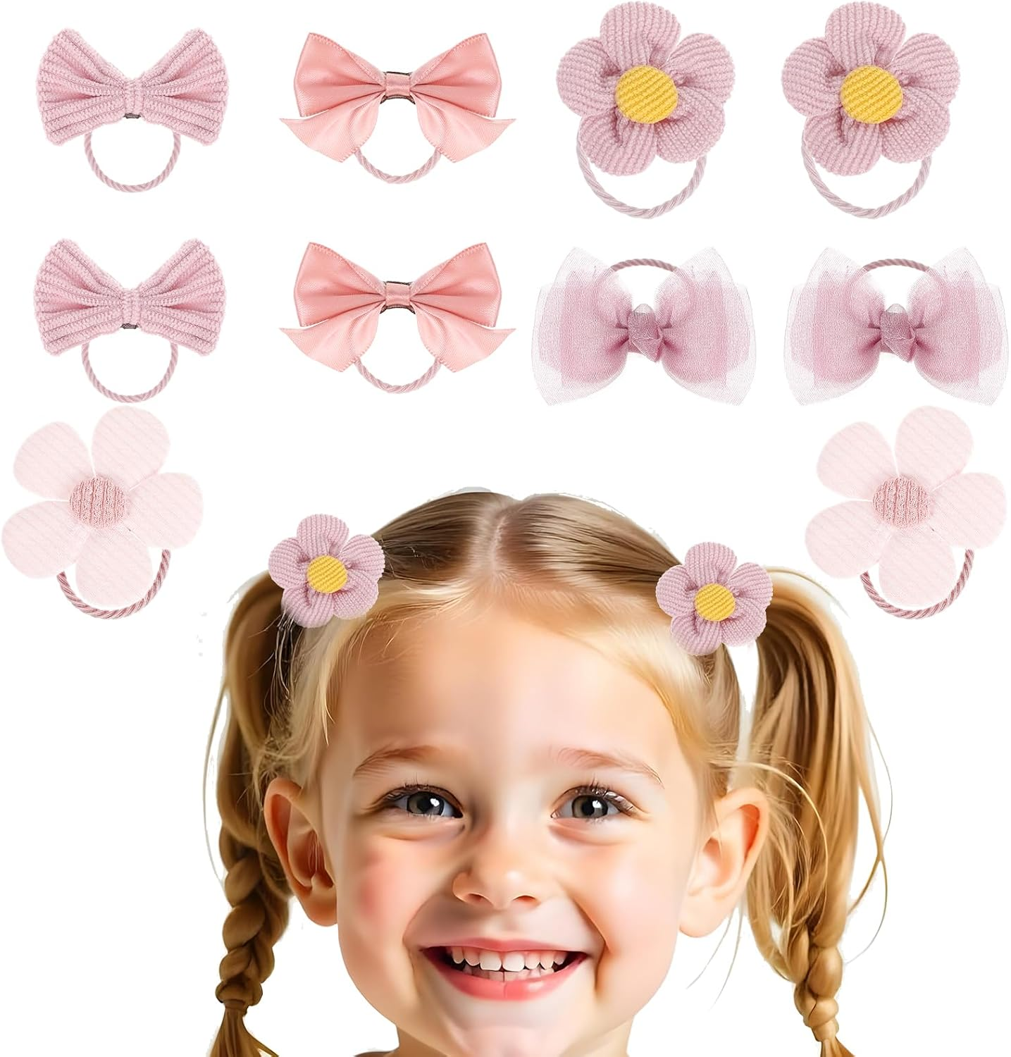Pack of 10 Cute Hair Bobbles with Bow, Pink Elastic Hair Bands, Cute Flower Hair Scrunchies for Baby Girls, Toddlers, Accessories image number 5