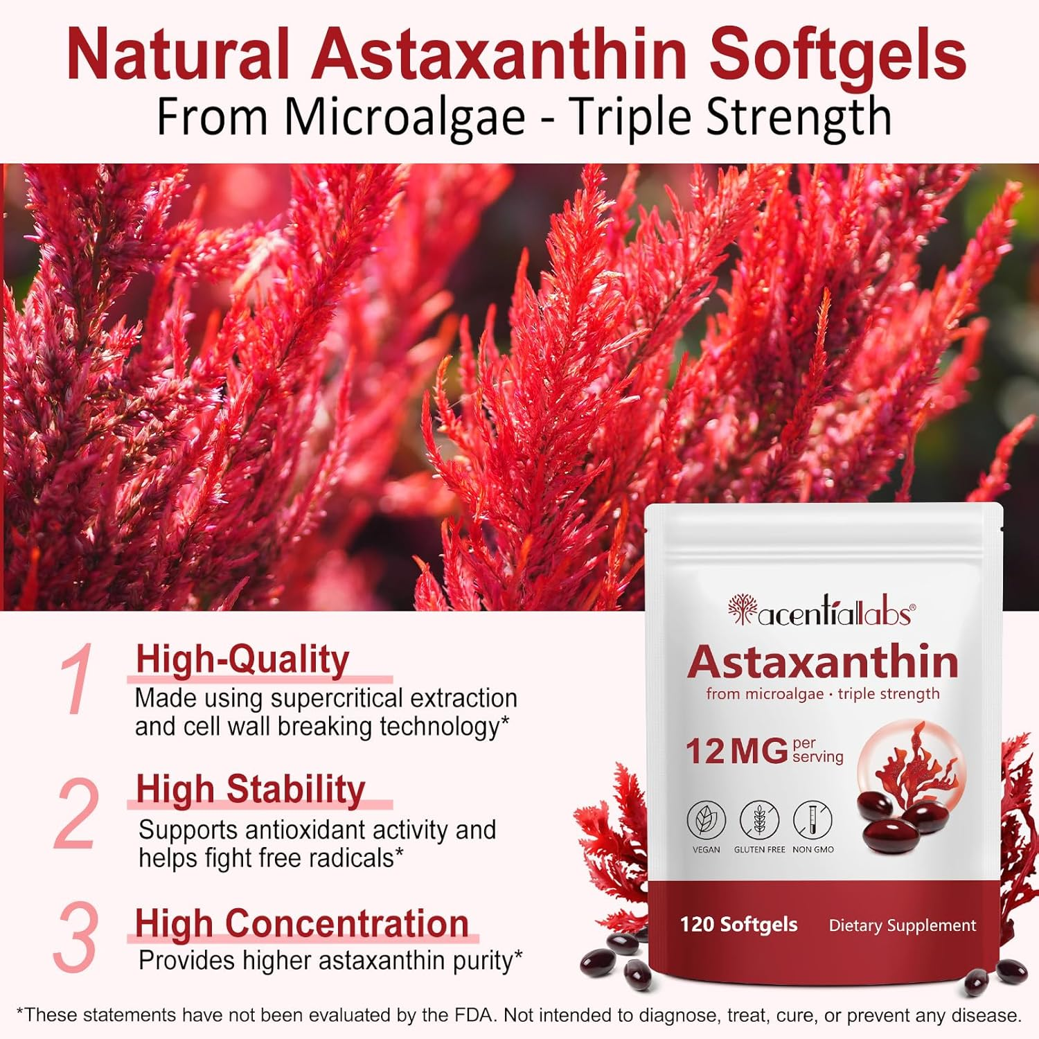 Astaxanthin 12Mg Softgels | Natural Source from Microalgae | Gluten-Free | Non-Gmo | Easy-To-Swallow | No Artificial Additives | 4 Month Supply | 120 Softgels image number 1