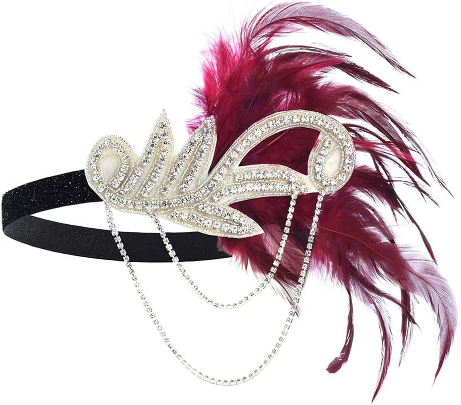 Aoozleny 1920S Feather Headwear, Musical Note Diamond Chain Headpiece, Roaring 20S Great Gatsby Headpiece Hair Accessories for Women (White)