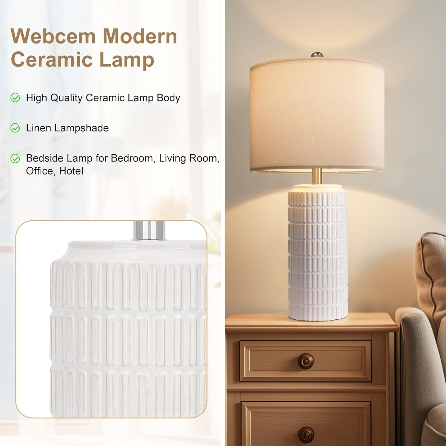Webcem Ceramic Bedside Table Lamps Set of 2 with 3 Color Temperatures, Modern Lamps for Living Room Bedroom Bathroom Office Hotel Entrance Hall, Nightstand Lamps with White Linen Shade image number 2