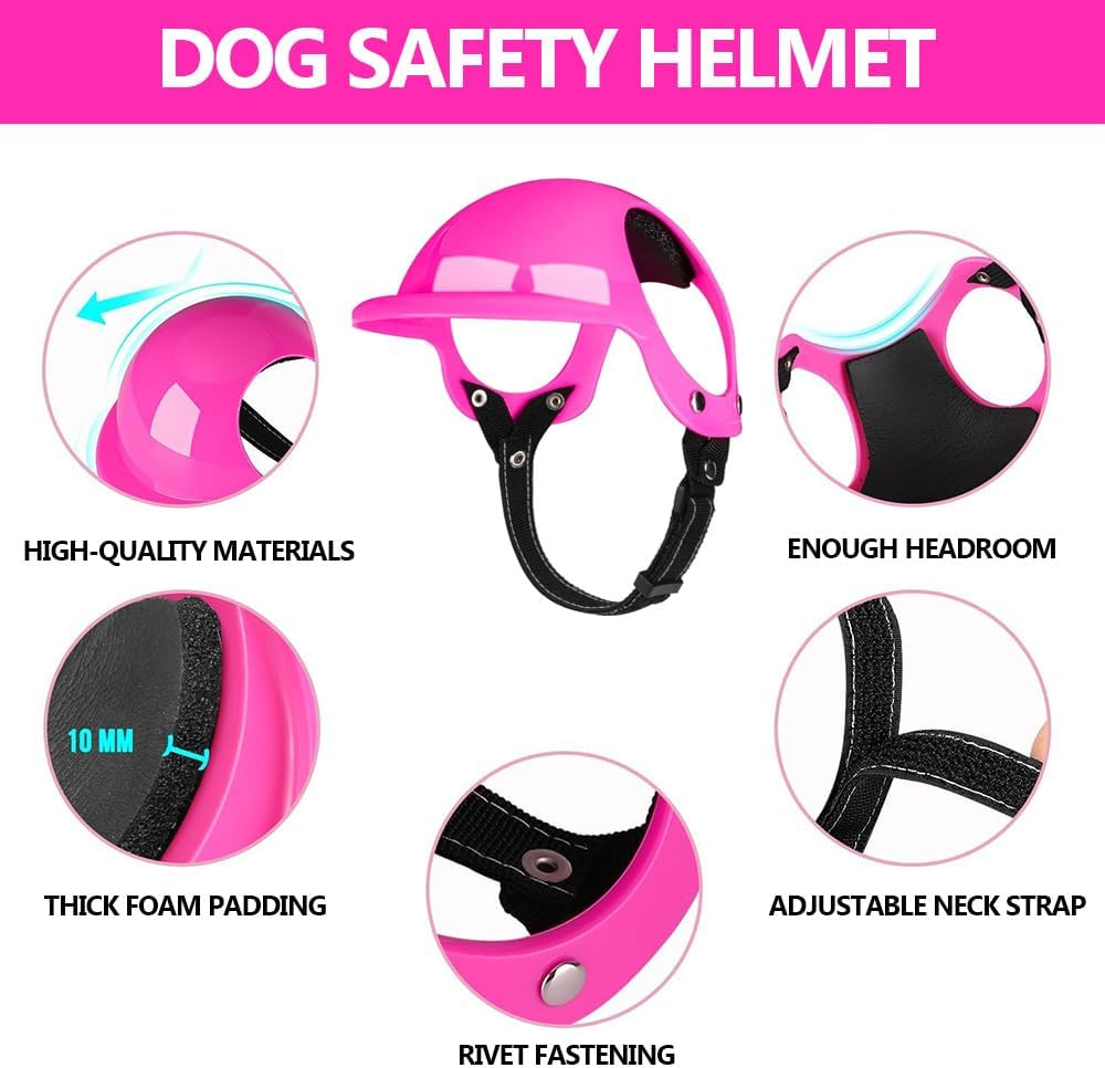 Dog Helmet and Goggles, Cat and Dog Sunglasses with UV Protection, Pet Motorcycle Helmet, Adjustable Helmet with Ear Holes, Dog Hard Hat Set for Small Medium Large Dogs (Pink, S)