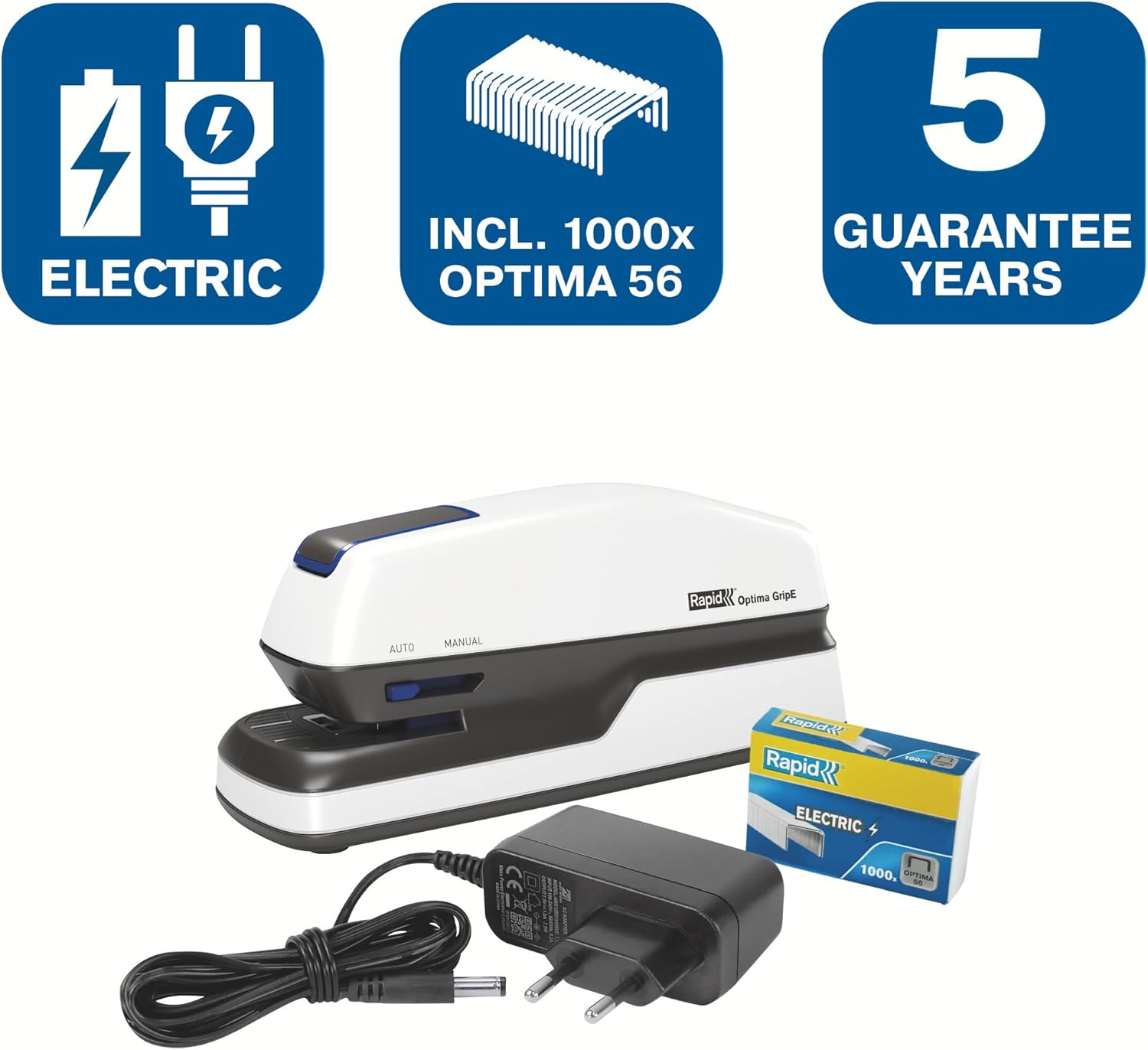 Rapid Optima Gripe 2102349 Electric Stapler Set with 1000 Staples, Capacity 20 Sheets, Ideal for Office and Home Office, White image number 5