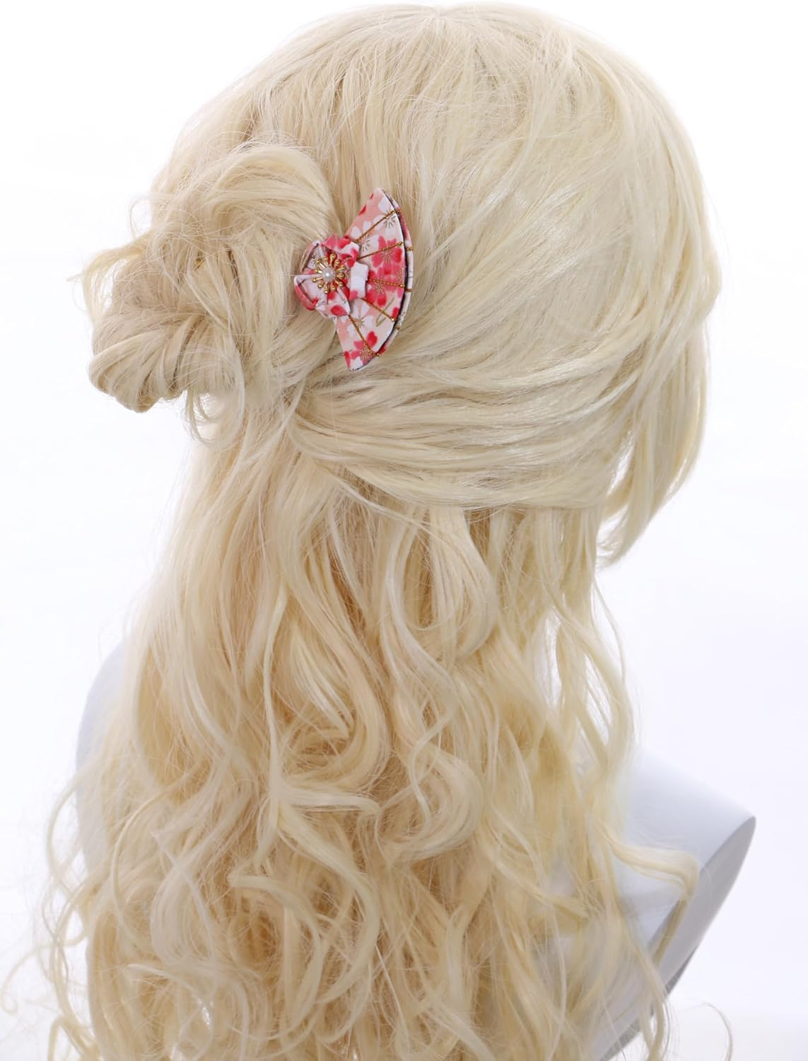 C-121-3 Pink White Hair Pin Fan Shape Pin Hairpin Fabric Flower Sakura Japan Geisha Kimono Accessory image number 1