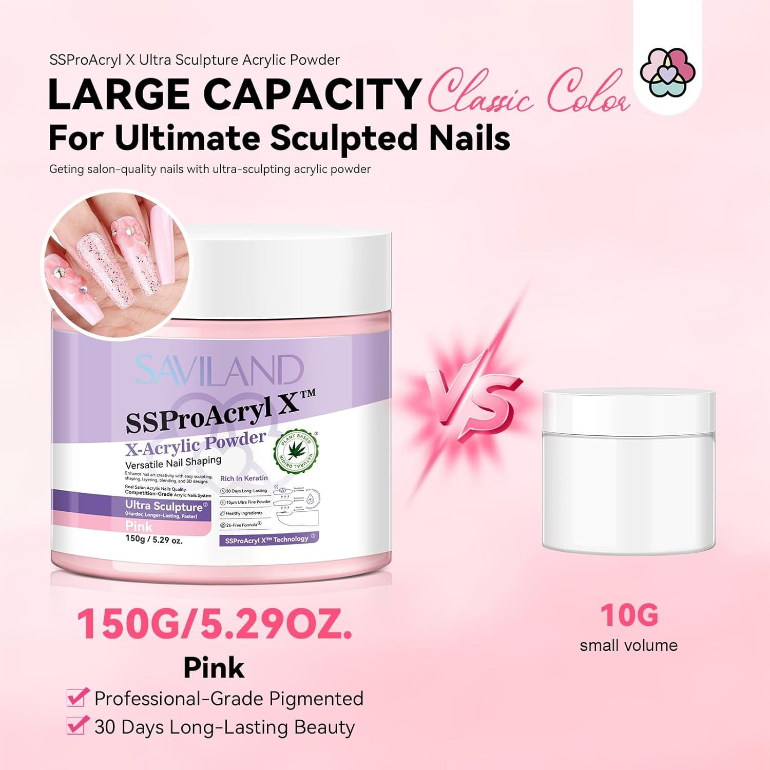 SAVILAND Pink Acrylic Powder Super-Hard: 5.29Oz Keratin Acrylic Powder Smoother Acrylic Nail Powder Bubble Free Professional Nail Powder for Nail Extension & 3D Carving Acrylic Nail Kit Home Salon