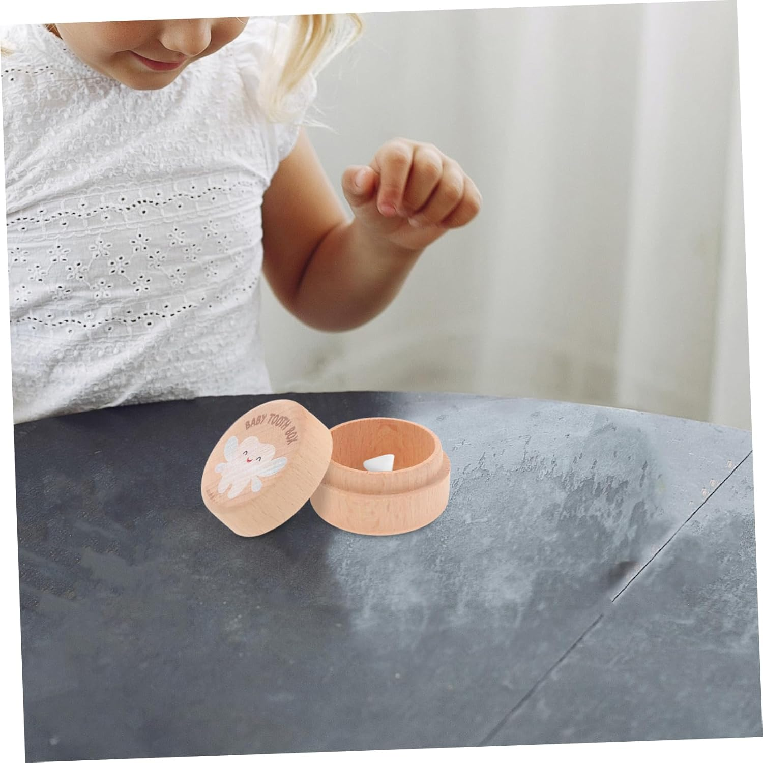 2Pcs Wooden Tooth Keepsake Box Set for Kids round Baby Tooth Holder for Boys and Girls image number 4