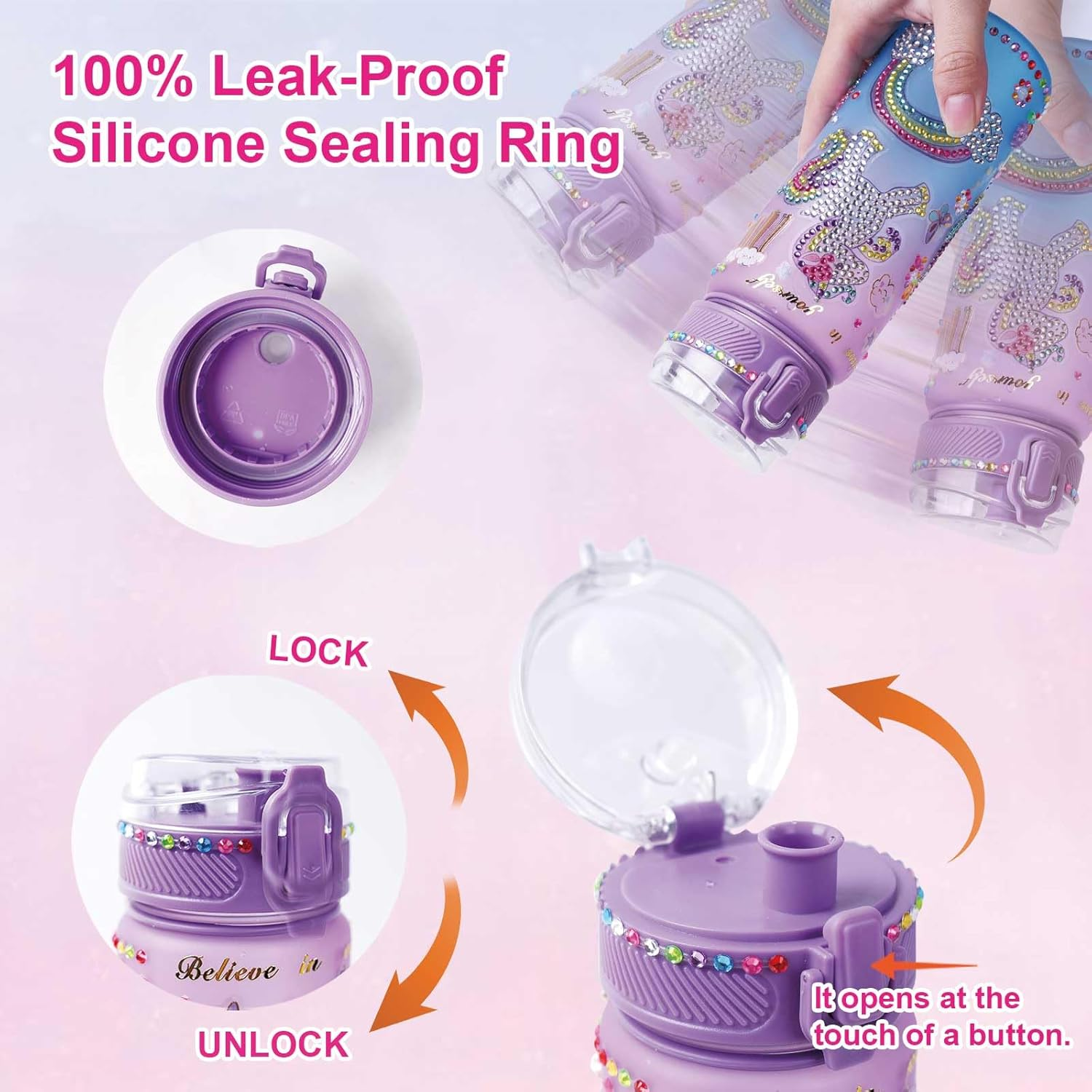 Decorate Your Own Water Bottle Kits for Girls Age 4-12, Unicorn Gem Diamond Painting Crafts, Kids Arts and Crafts Kits Girls Toys Gifts for 4-12 Year Old Girls Birthday Gifts (Unicorn 600Ml) image number 2