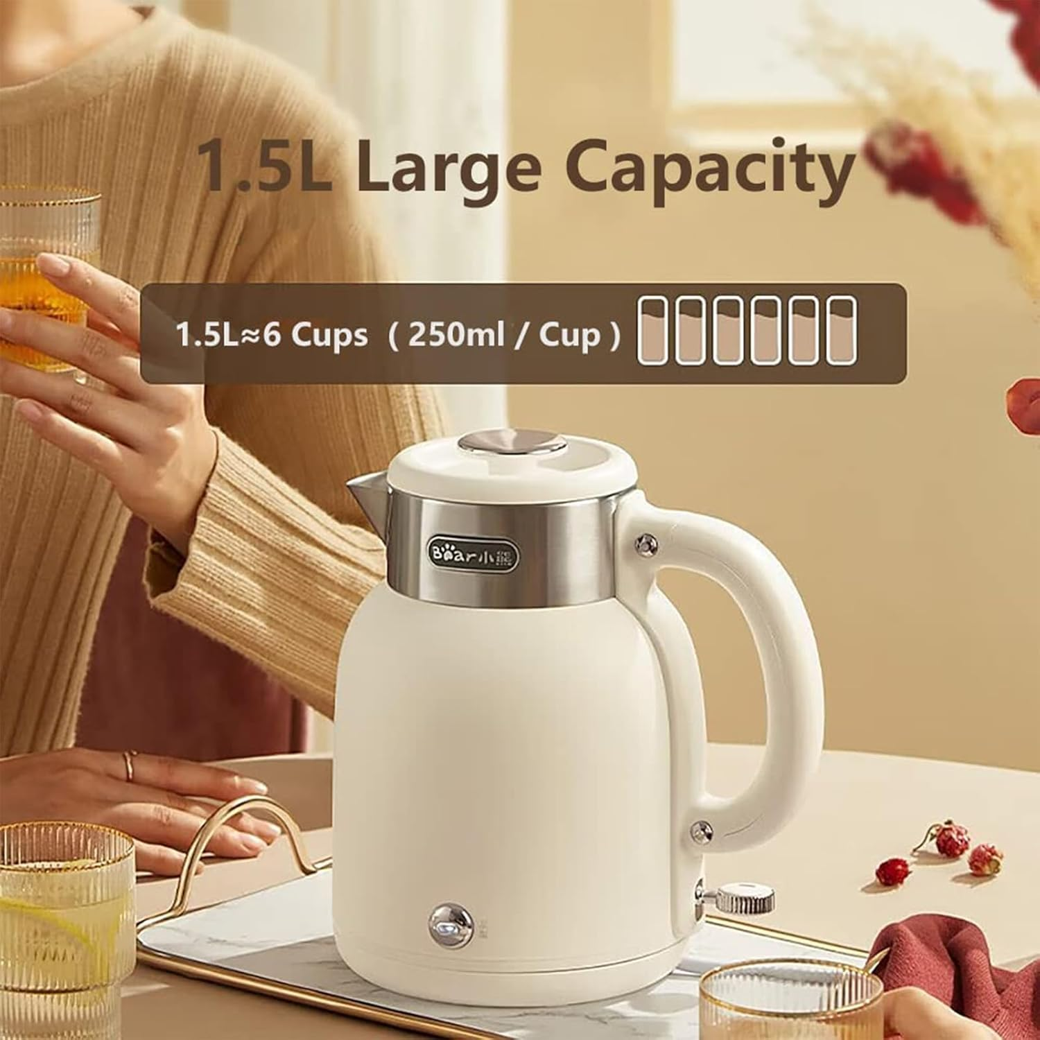 BEAR Electric Kettle, 1.5L Hot Tea Water Boiler, 1500W Rapid Boil, 316 Stainless Steel Pot, One-Key Keep Warm 65℃, Auto Shut-Off & Boil Dry Protection (Ivory White) image number 3