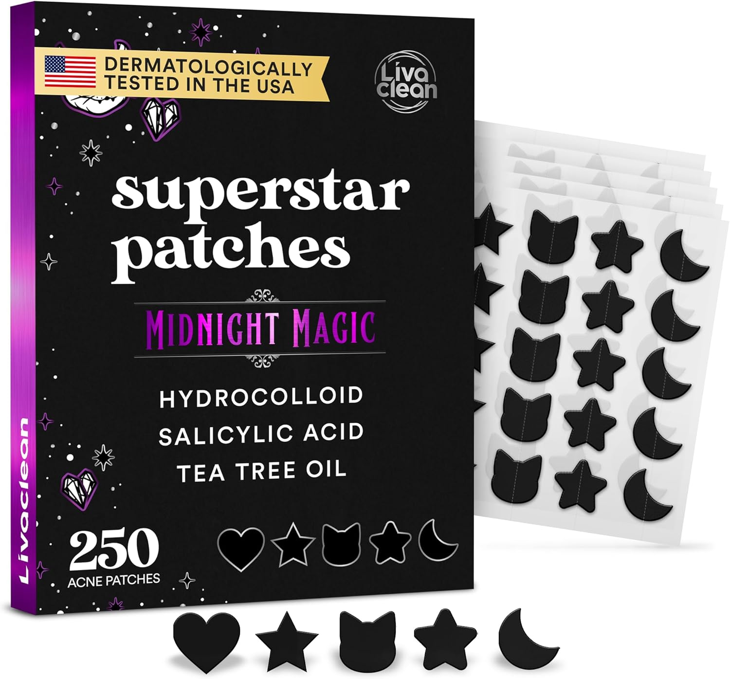 Livaclean 250Ct Black Star Pimple Patches Midnight Magic with Salicylic Acid and Tea Tree Oil - Pimple Patches for Face, Hydrocolloid Patches for Acne, Li Stickers image number 1