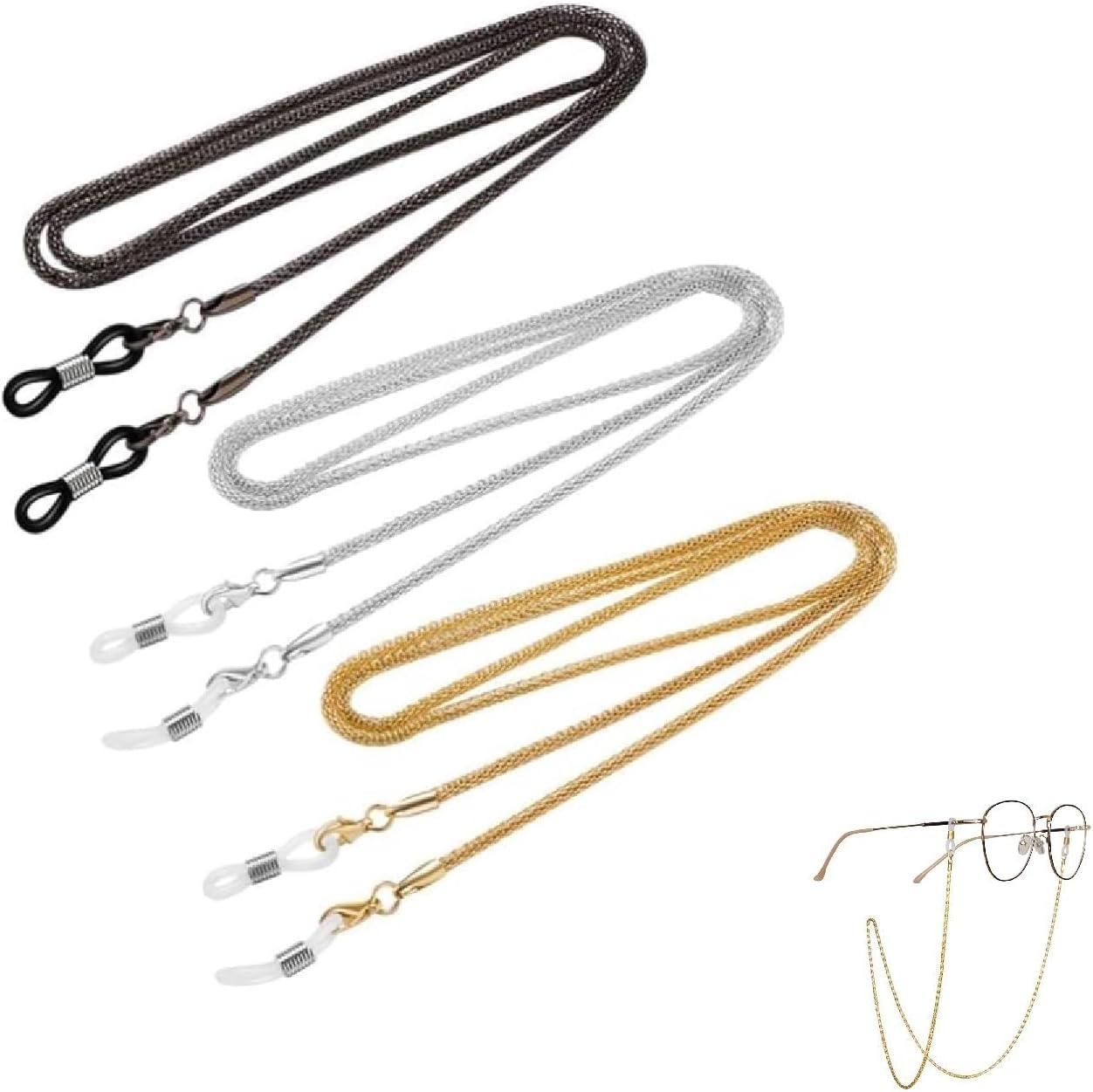 3Pcs Eyeglasses Lanyards Straps- Eye Glasses String Holder Chain,Glasses Holders Necklace for Men Women (Blackwhitegold)