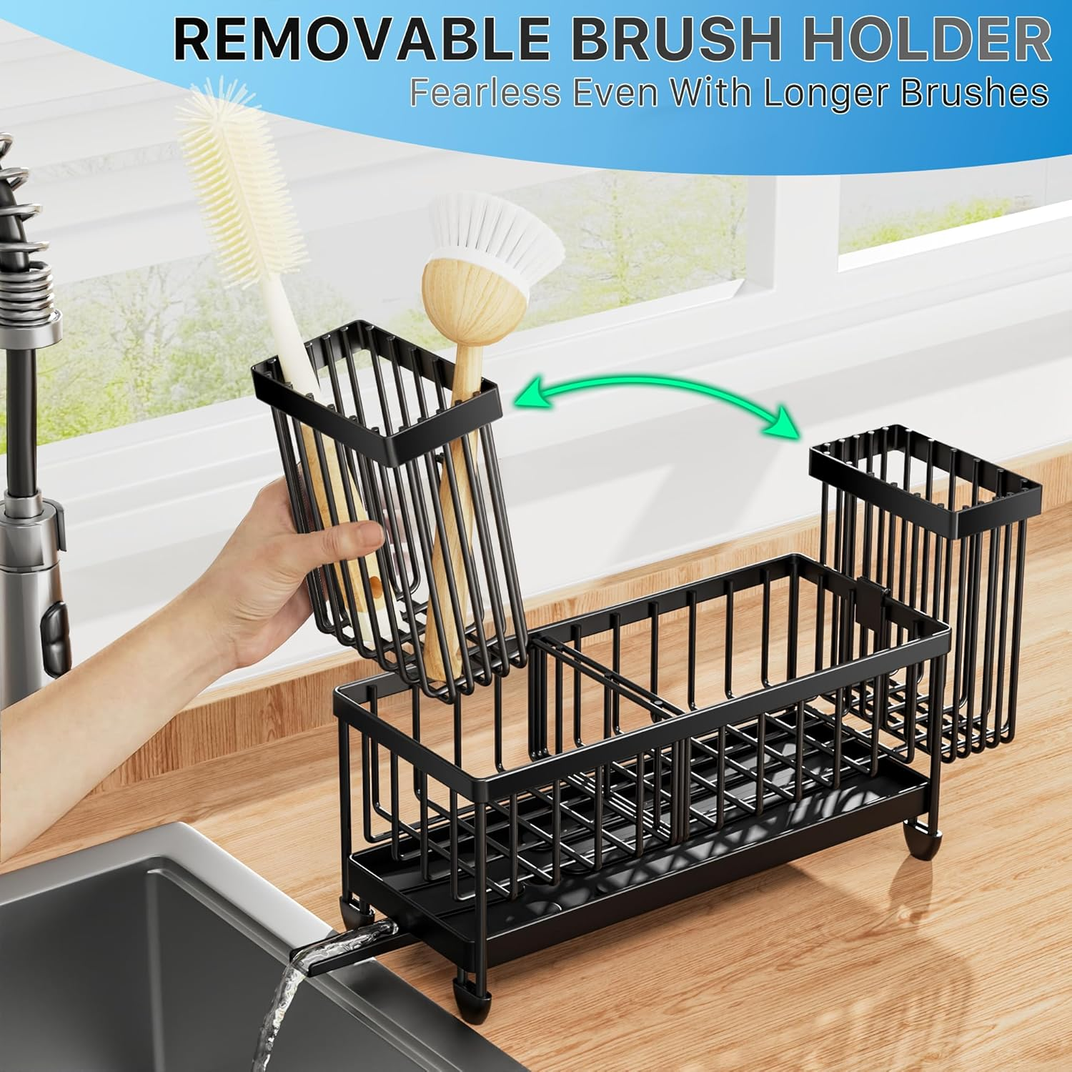 Cisily Sponge Holder for Kitchen Sink, Sink Caddy with High Brush Holder, Organzier Rustproof 304 Stainless Steel Dish Organizer Divider, Soap Dispenser Storage image number 4