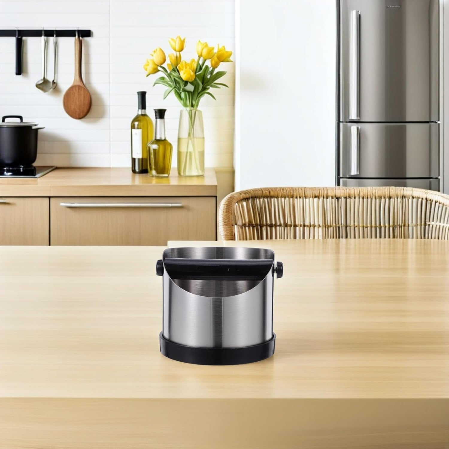 KALLORY Stainless Steel Espresso Knock Bin with Ergonomic Handle Coffee Grounds Container Coffee Dump Bin for Kitchen Tea Dregs Bucket Espresso Accessories