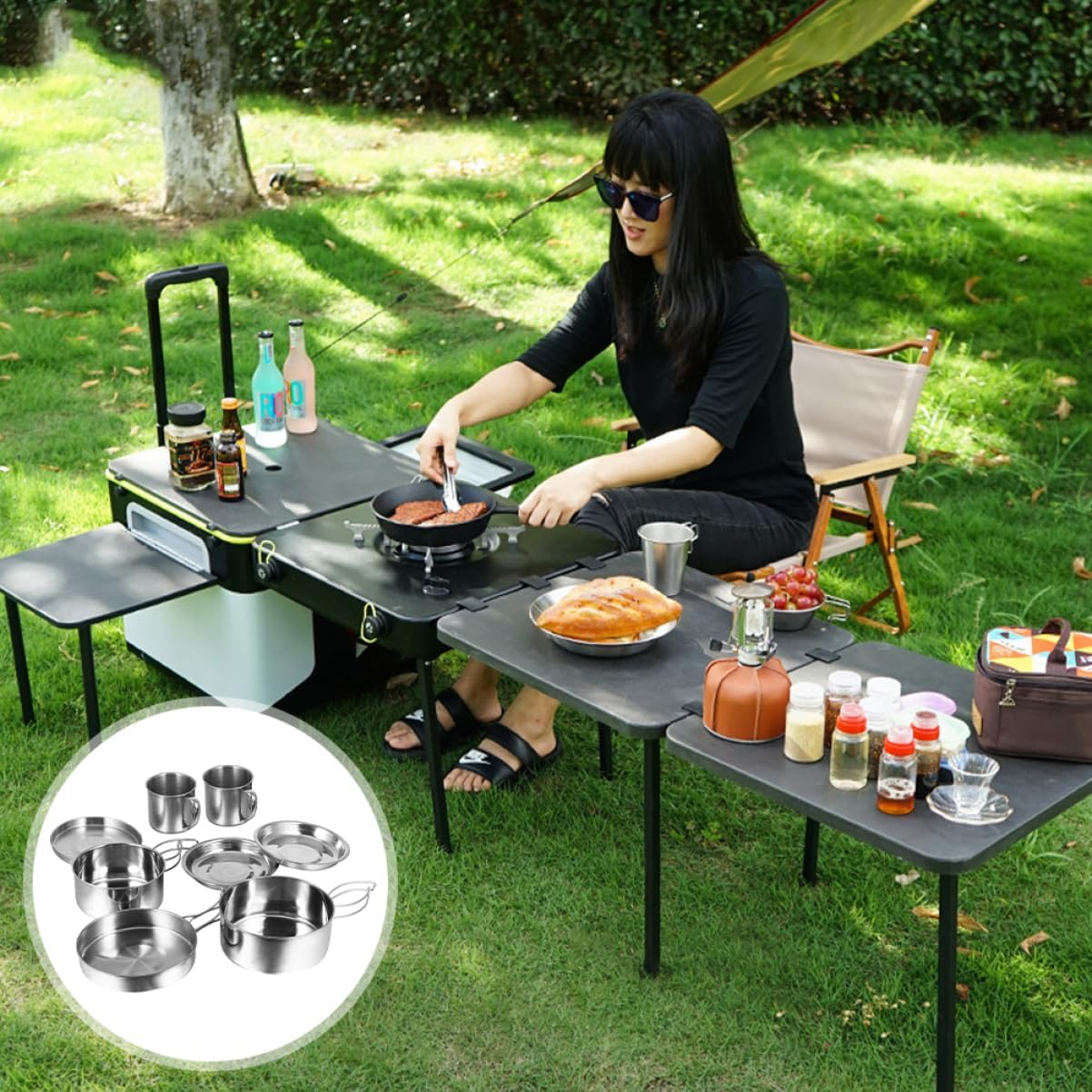 Camping Cooking Pan Stainless Steel Pot Hiking Cookware Compact Picnic Pan Outdoor Cooking Equipment image number 6