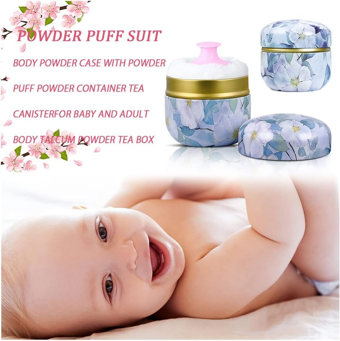 2 Pieces Body Powder Puff and Container Portable for Baby&Women Loose Powder Case Home Travel Powder Box (BLUE) image number 1