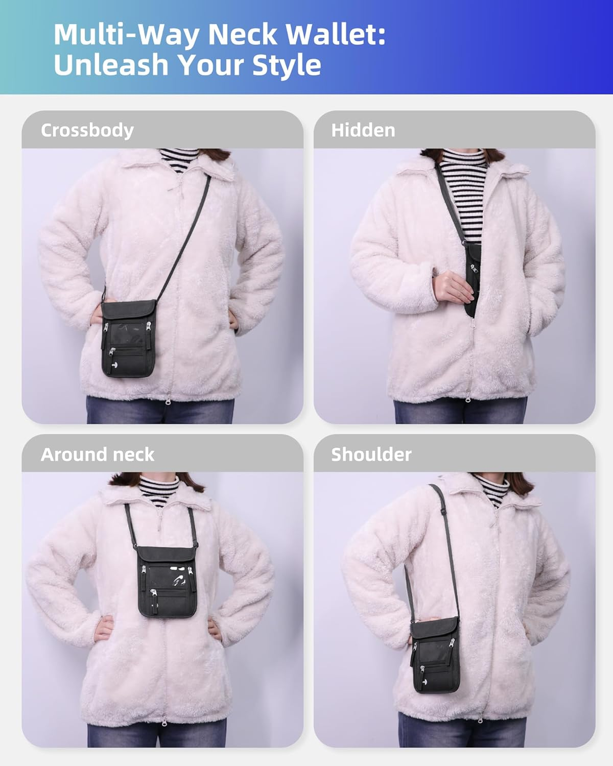 WALNEW Passport Holder Neck Pouch Travel Neck Wallet with RFID Blocking - 7 Pockets with Adjustable Neck Strap to Keep Your Passport Document and Credit Card Safe (Army Green) - Black / Black image number 4