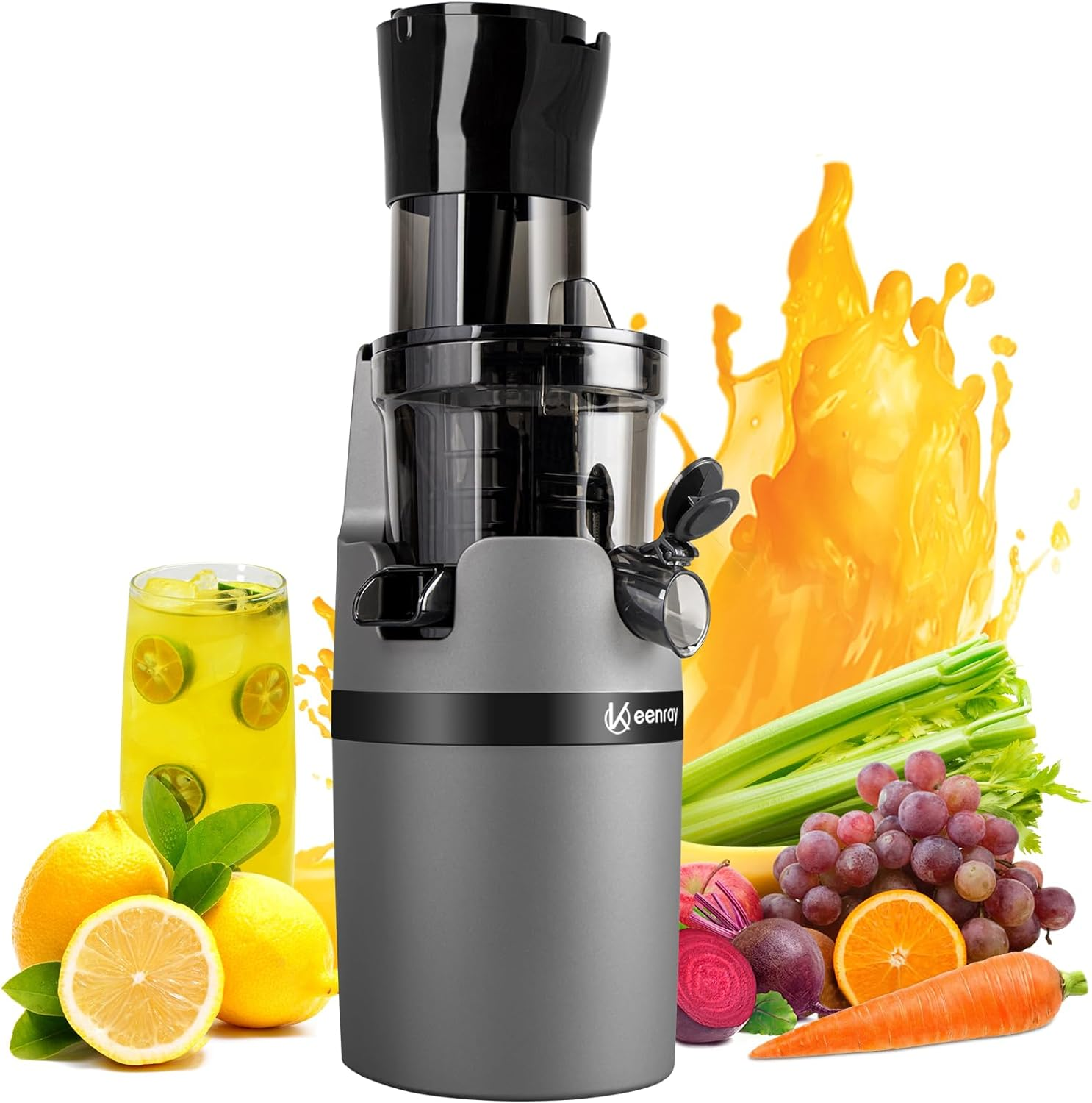Keenray Cold Press Slow Juicer Extractor Machine for Whole Fruits & Vegetables, 80Mm Wide Chute, Quiet Motor with Reverse Function, Easy to Clean (EL18, Dark)