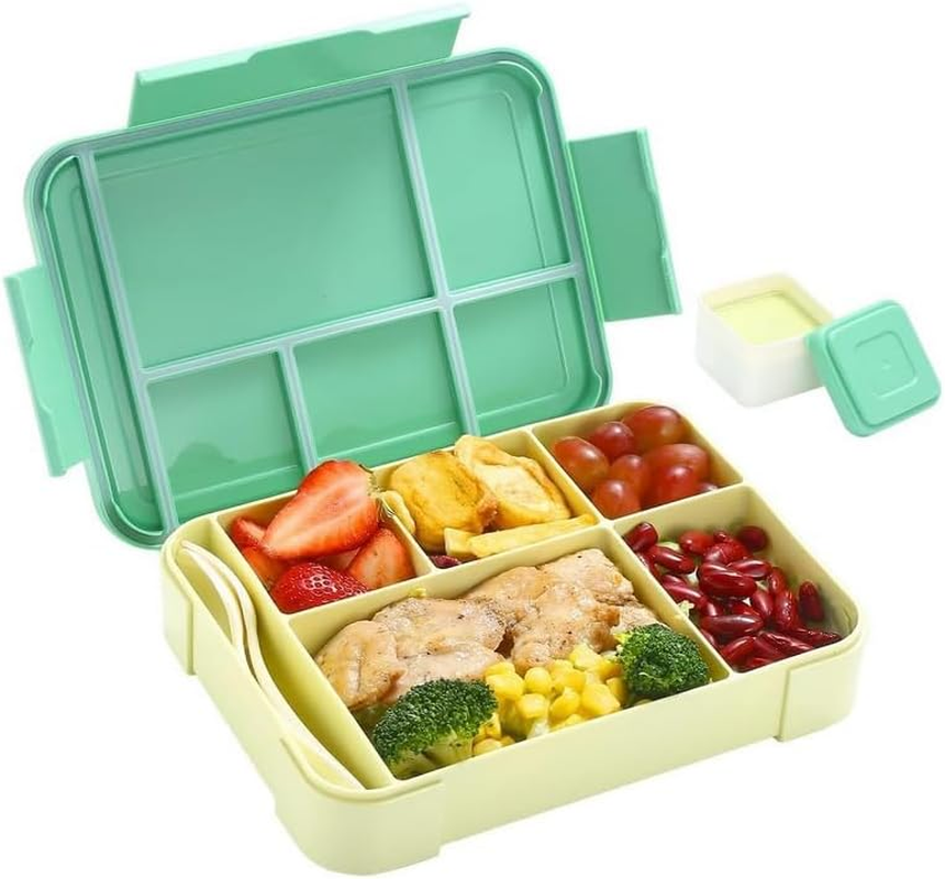 Bento Lunch Box for Kids, 1330ML Bento Box Adult Lunch Box with 6 Compartment, Leakproof Snack Boxes with Utensil Sauce Dressing Containers ，Leakproof, Microwave, Dishwasher (GR)