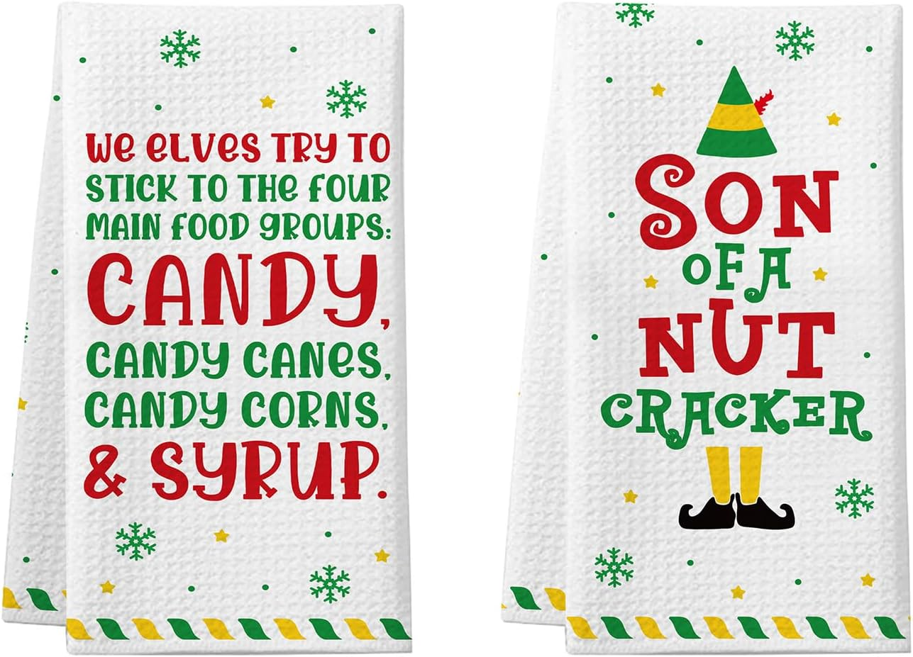 Funny Christmas Kitchen Towels, 2 Pack Buddy the Elf Dish Towels, Cute Merchandise Gift Hand Towels, Kitchen Bathroom Decorations, Novelty Xmas White Elephant Gifts for Women Men