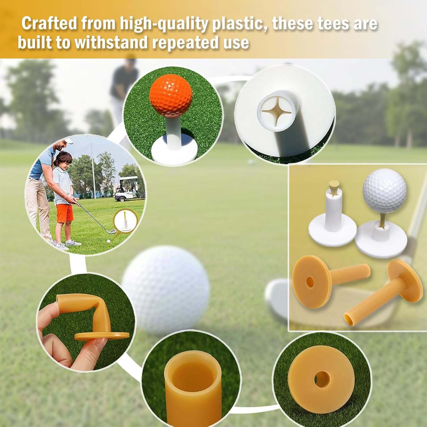 Golf Rubber Tees Holder Set, 6 Pieces Driving Range Tees, Multiple Heights 0.984-3.15 Inch, White and Yellow Plastic Colorful Golf Tees for Golf Practice Mat image number 2