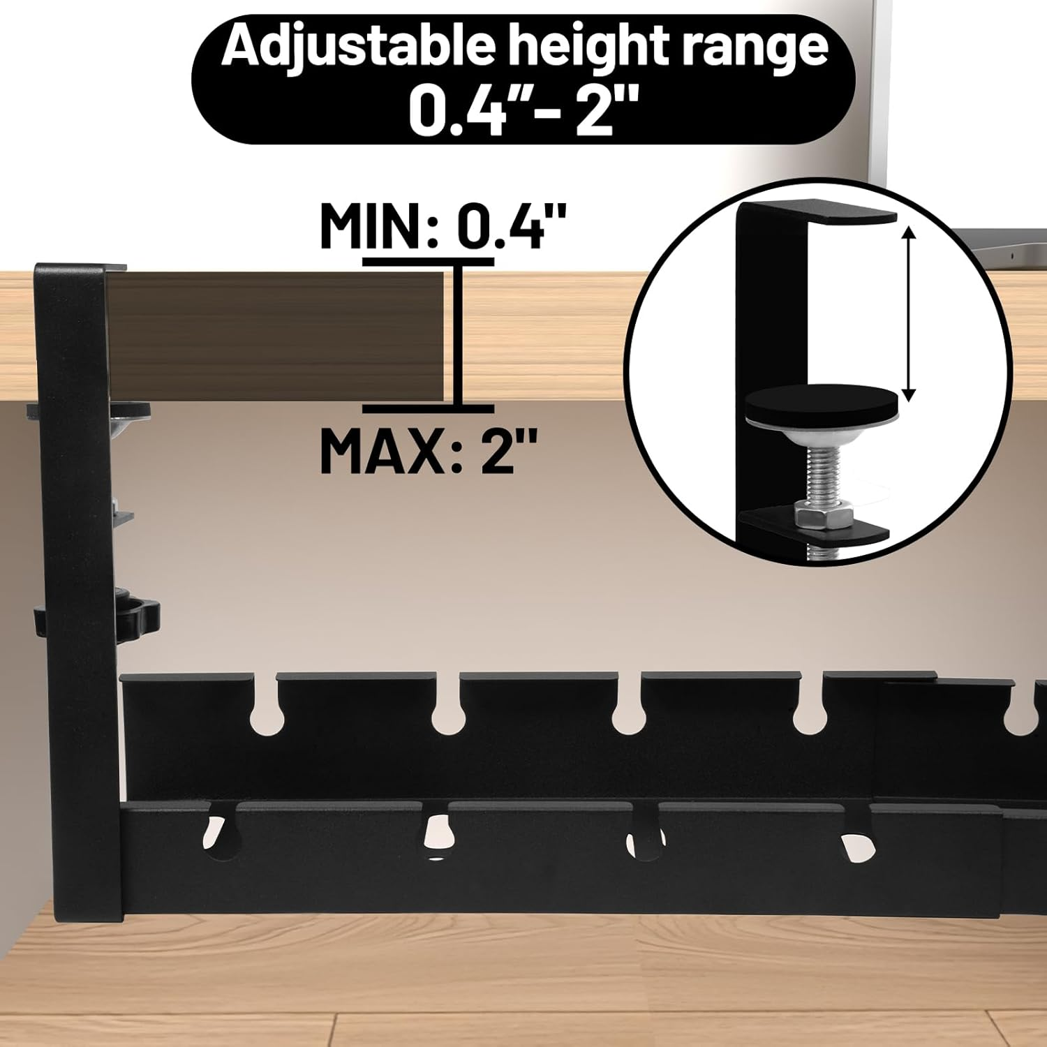 Extendable under Desk Cable Management Tray,11-21Inch Expandable Non-Drilled Metal Cable Management Tray with Desk Clamp,Cable Management Rack for Home Office Vertical Desk image number 6