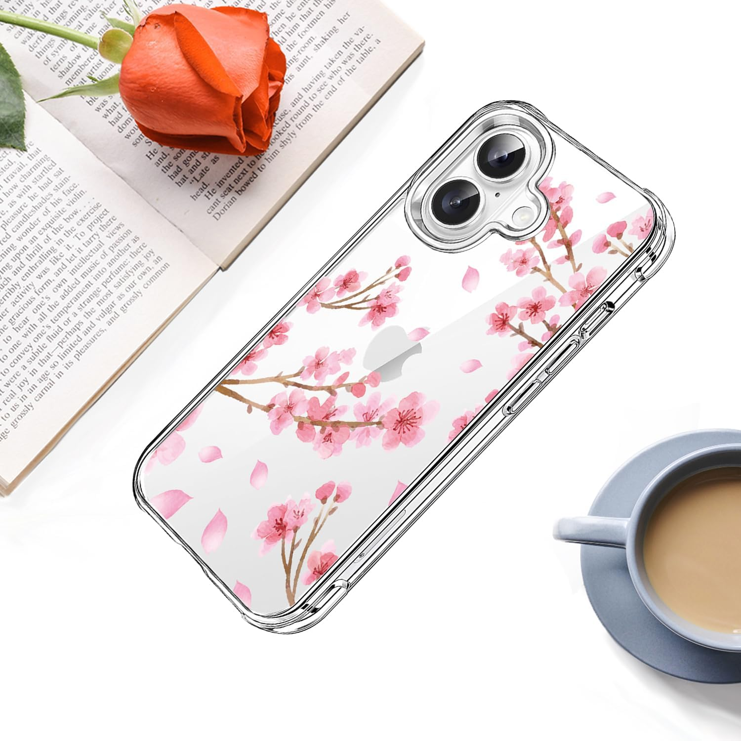 HEYORUN Cherry Blossom Clear Case Compatible with Iphone 16, Sakura Girls and Women Floral Back Case Cover, Pink Flower Transparent Flexible TPU Bumper Shockproof Protective Case
