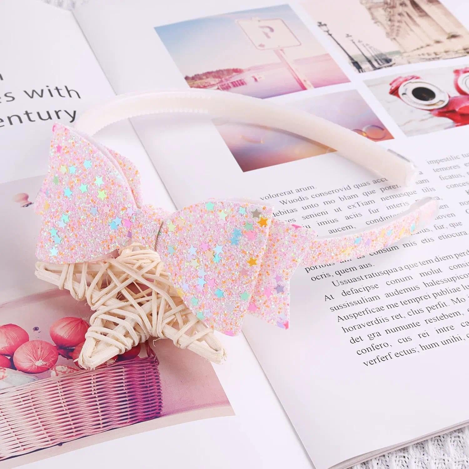 Glitter Headbands for Girls, 6 Pack Elastic Hair Bands with Heart Bow for Kids Hair Accessories - Tisuff image number 4