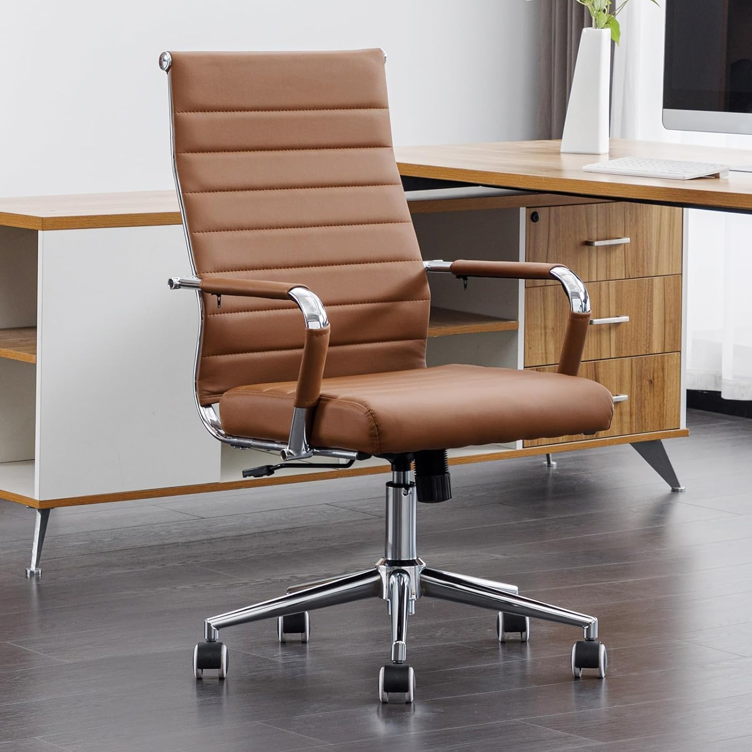 Okeysen Office Desk Chair, Ergonomic PU Leather Modern Conference Room Chairs, Executive Ribbed Height Adjustable Swivel Rolling Chair for Home Office (Black with Black Frame)