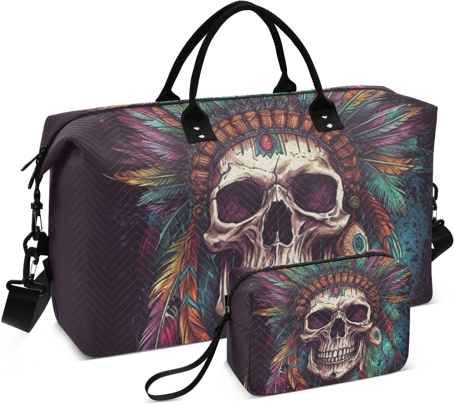 WOIWB Duffel Bag Set with Toiletry Bag for Travel Gym Sport, Luggage Sleeve Weekender Bag Carry on Overnight Bag-Skull with Feathers Print, Multicolor, 20.5 X 7.9 X 13.8 Inches+9.1 X 3.5 X 5.9 Inches image number 3