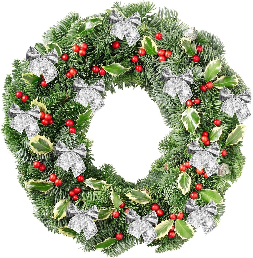 12 Pieces Christmas Ribbon Bows Ornaments Xmas Tree Bowknot Velvet Ribbon Bows Christmas Bows for Tree Decorations Presents Wrapping Craft Supplies, Red + Gold - Red + Gold image number 3