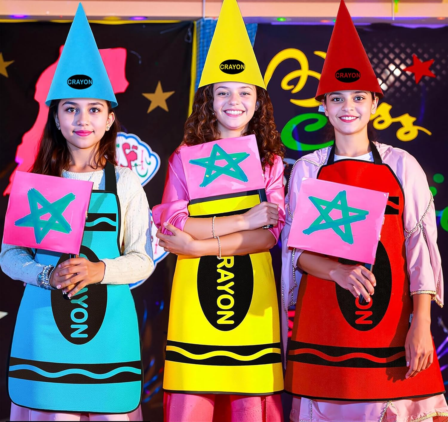 COSOUKE 7 Pack Crayon Costume Halloween Book Week Costumes Adult Waterproof Funny Apron Cosplay with Hat for Family Teacher (7, Crayon Costume, Adult)