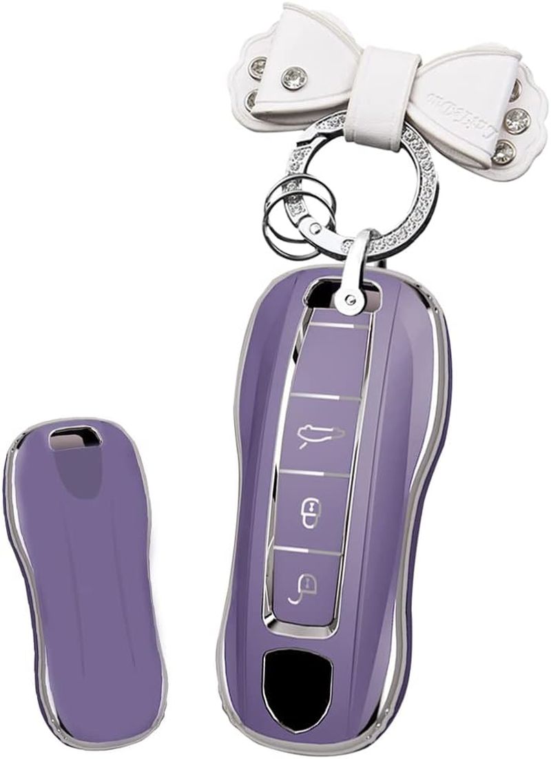 HIBEYO Key Fob Cover Compatible with Porsche Cayenne Macan Panamera Boxster 911 Carrera Tayca ABS Key Holder Accessories Smart Remote Auto Key with Keychains-Leather Key Chain(Black)