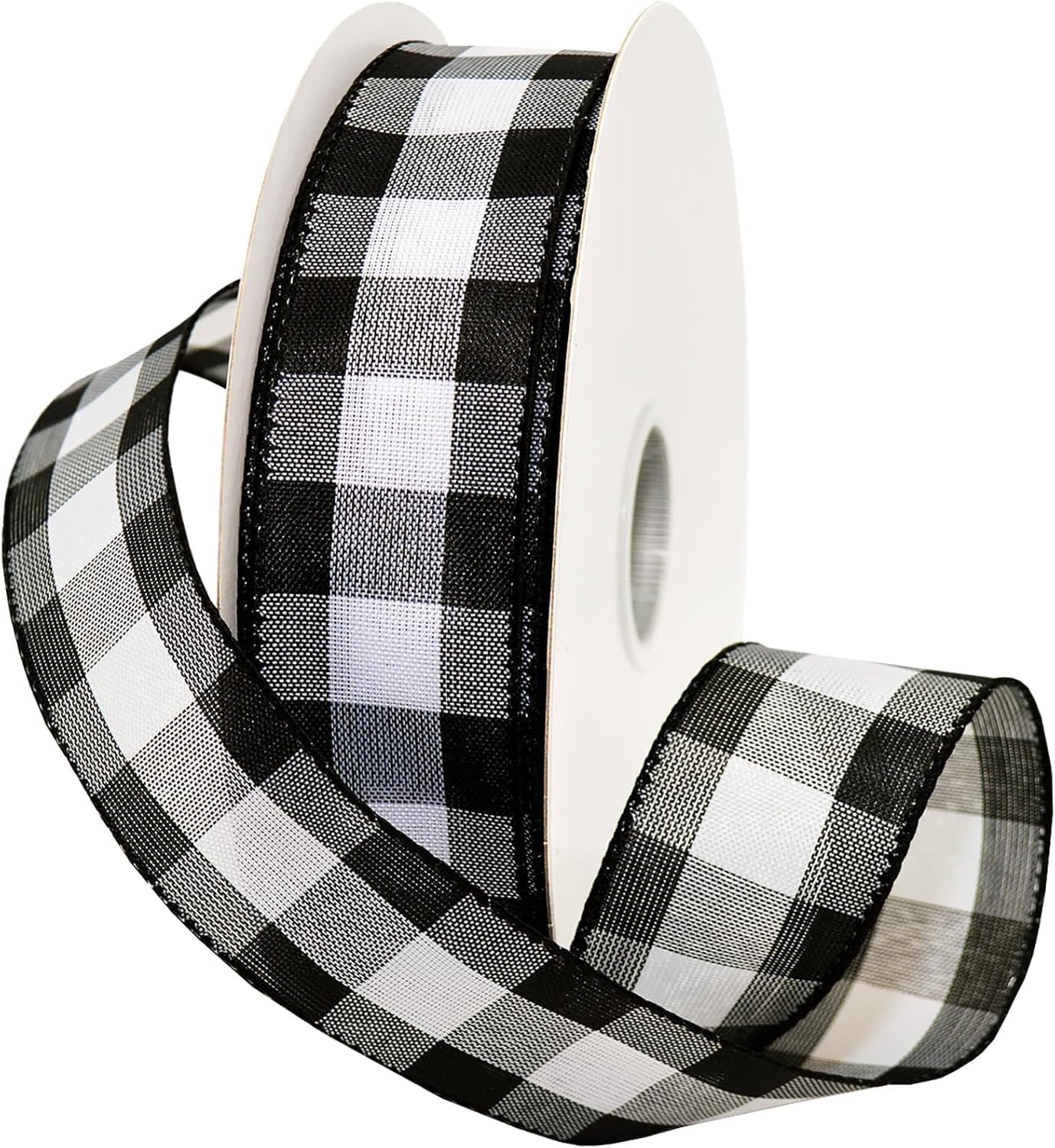 Morex Ribbon 7398.60/50-613 Cambridge 2.5" X 50 YD Wired Ribbon, Black and White, Buffalo Check Plaid Ribbon for Gift Wrapping, Christmas Decorations Indoor Home Decor, Craft Supplies & Materials