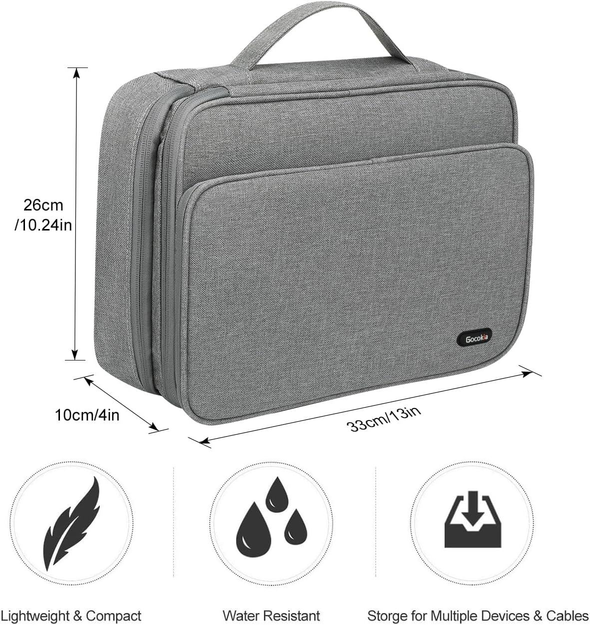 Gocokia plus Large Capacity Electronic Accessories Organizer, Storage Handbag with Front Pocket Travel Cable Organizer Gadget Bag Carry Pouch for Ipad 11,Hard Drives, Power, Charger -Grey, Grey, L, image number 5