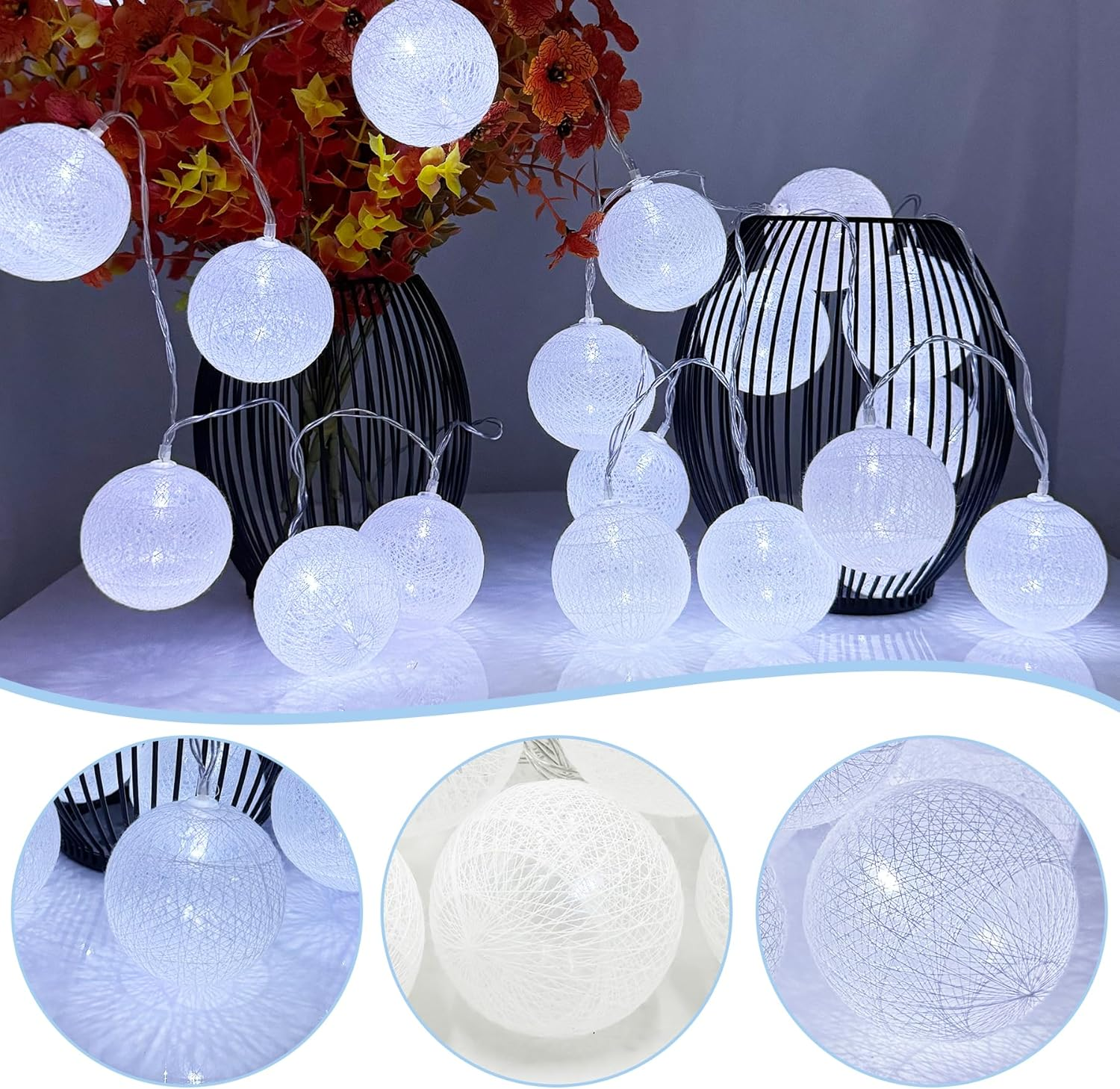 LED Fairy Lights Cotton Balls, 1.5 M 10 LED Balls Fairy Lights, Battery Operated, Cotton Ball Fairy Lights for Christmas, Wedding, Children'S Room, Party Decoration image number 5