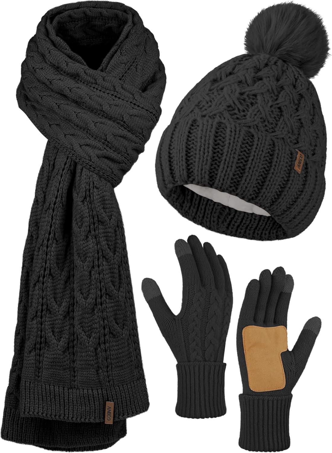 Aneco Women Winter Touchscreen Gloves Scarf Beanie Hat with Pom Pom Fleece Lined Set Thick Warm Knit Cap 3-In-1 Set