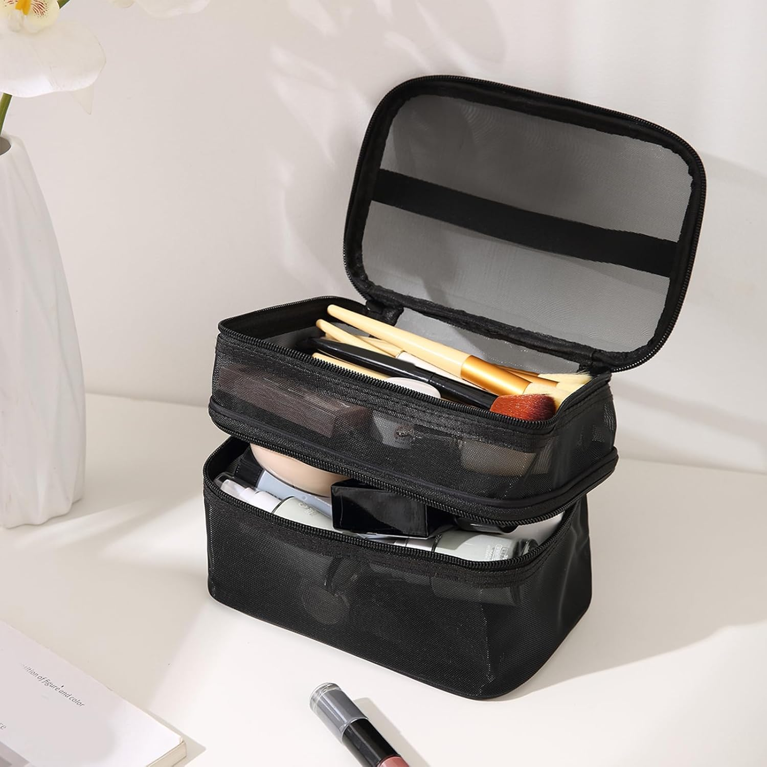 Makeup Bag Nylon Mesh Toiletry Bags Single/Double Layer Cosmetic Brush Organizer Pouch Waterproof Case for Personal Care Makeup Bag, Black, Single Layer image number 2