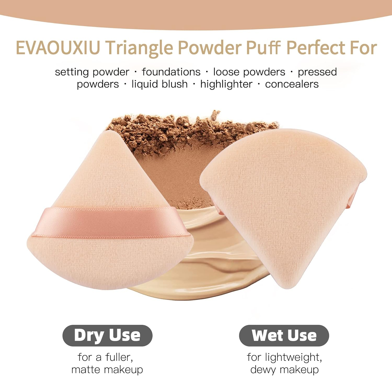 2 Pcs EVAOUXIU Triangle Powder Puff for Face Powder, Soft Plush Setting Powder Puff, Velour Cosmetic Foundation Blender Sponge Beauty Makeup Tools (Nude) - 1 Black  1 Pink image number 4