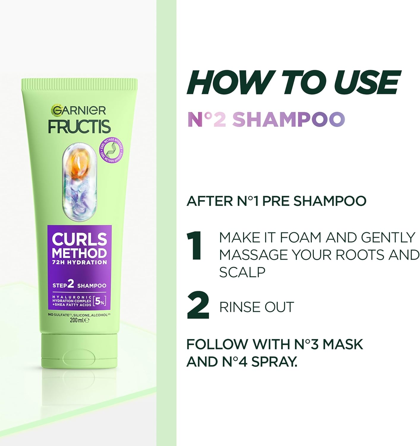Garnier Fructis Curls Method Sulfate-Free Shampoo, for Wavy, Curly & Coily Hair, Gently Cleanses & Defines Curls, Enriched with Hyaluronic Acid & Shea Butter, No Silicones, 200Ml image number 3