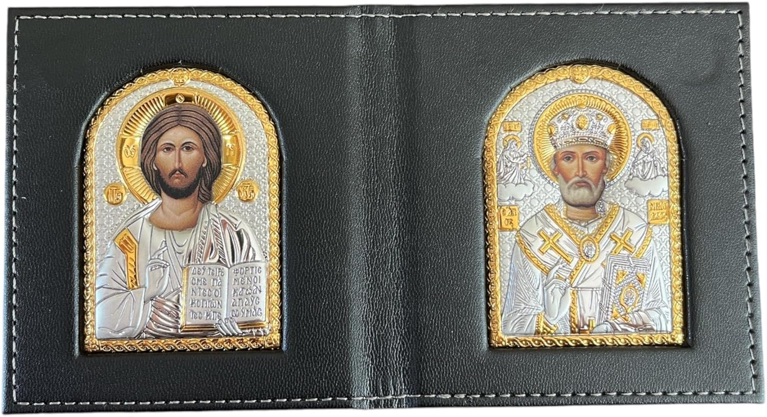 (K-03-01) Jesus Christ - Saint Nicholas/Byzantine Silver Orthodox Pocket Icon/Greek/Handmade (Black, 3X3) image number 2